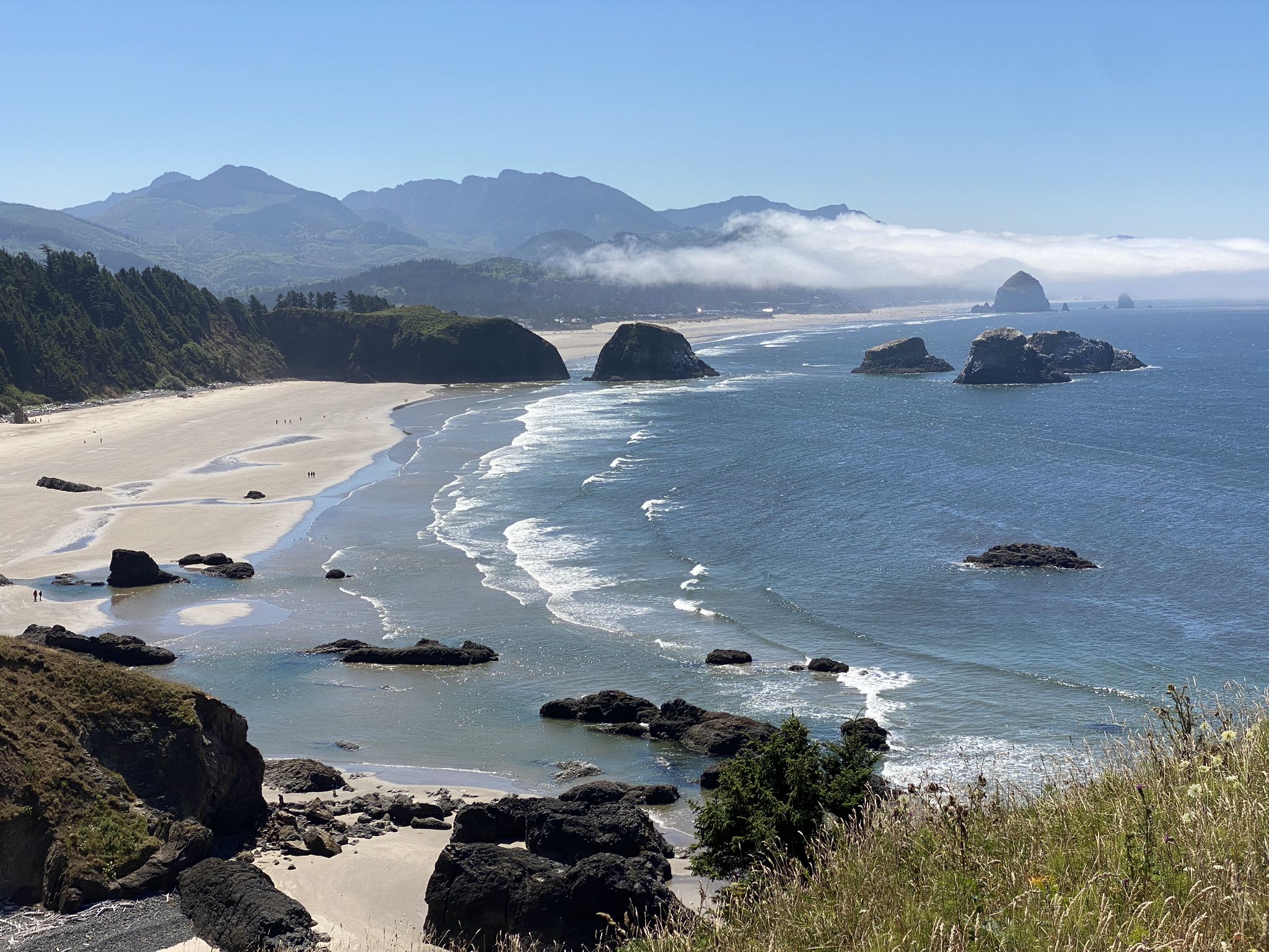 Sunny coastal landscape with sandy beach, sea stacks, and distant mountains. - Indian Beach Trail run