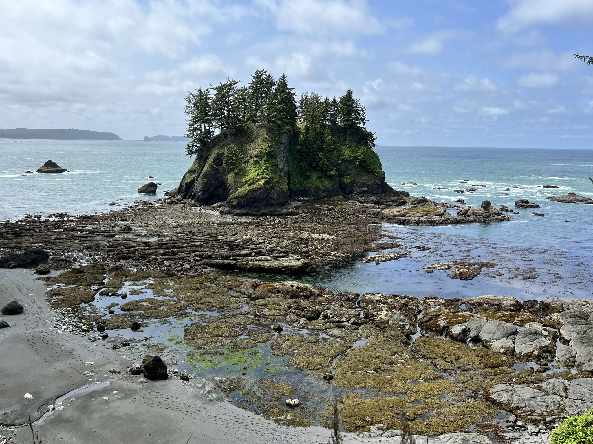 Rocky beach and tide pools with a small tree-covered island in the ocean. - Hiking loop from Point of Arches State Park Property