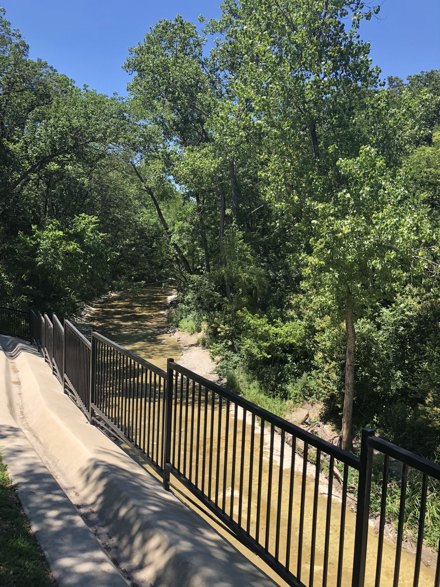 A black metal railing overlooks a shallow creek winding through a green forest. - Cottonwood Creek South Trail loop