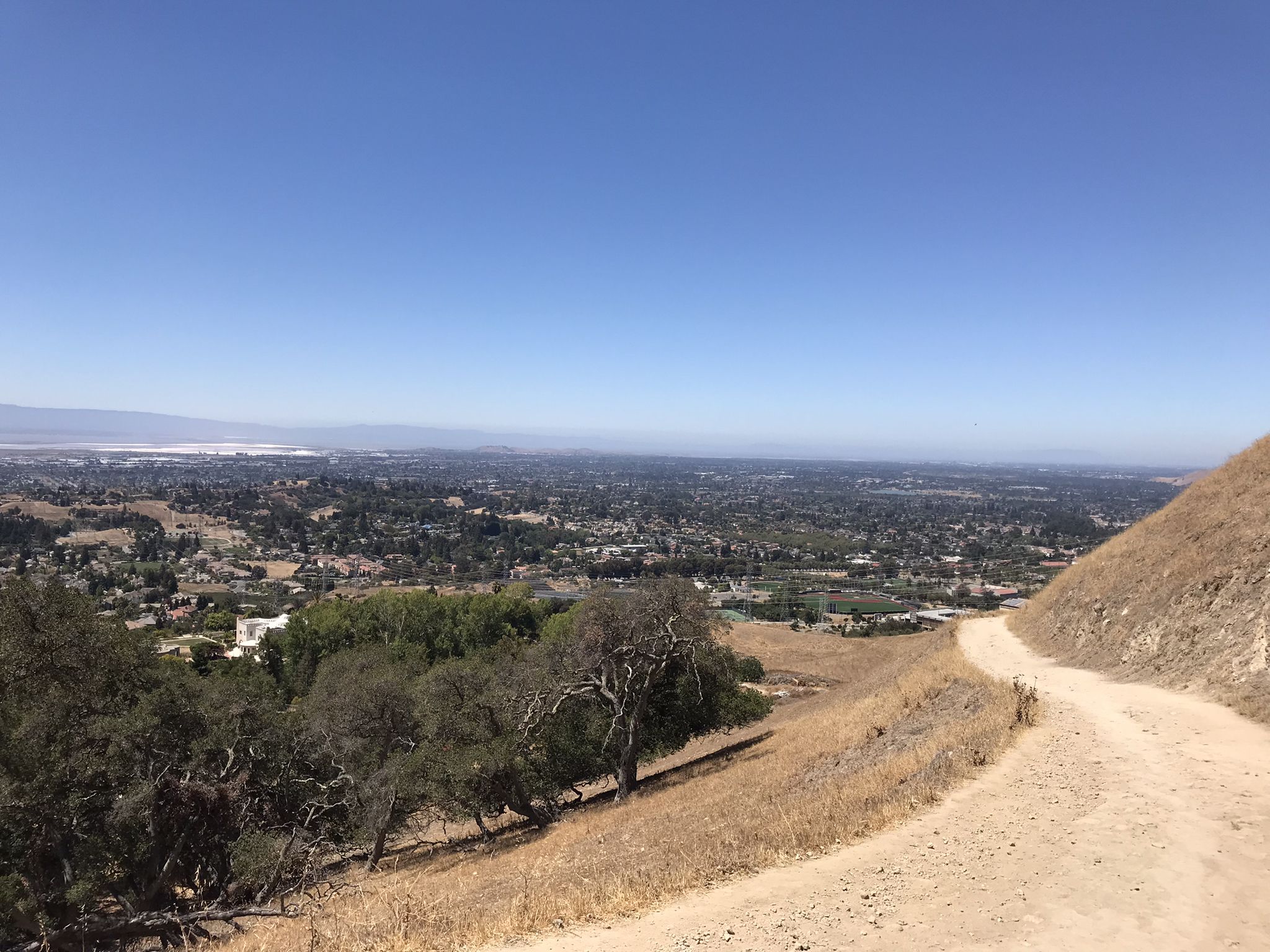 A dirt road descends past dry hillsides, overlooking a sprawling city below. - Peak, Panorama and Spring Valley Trail
