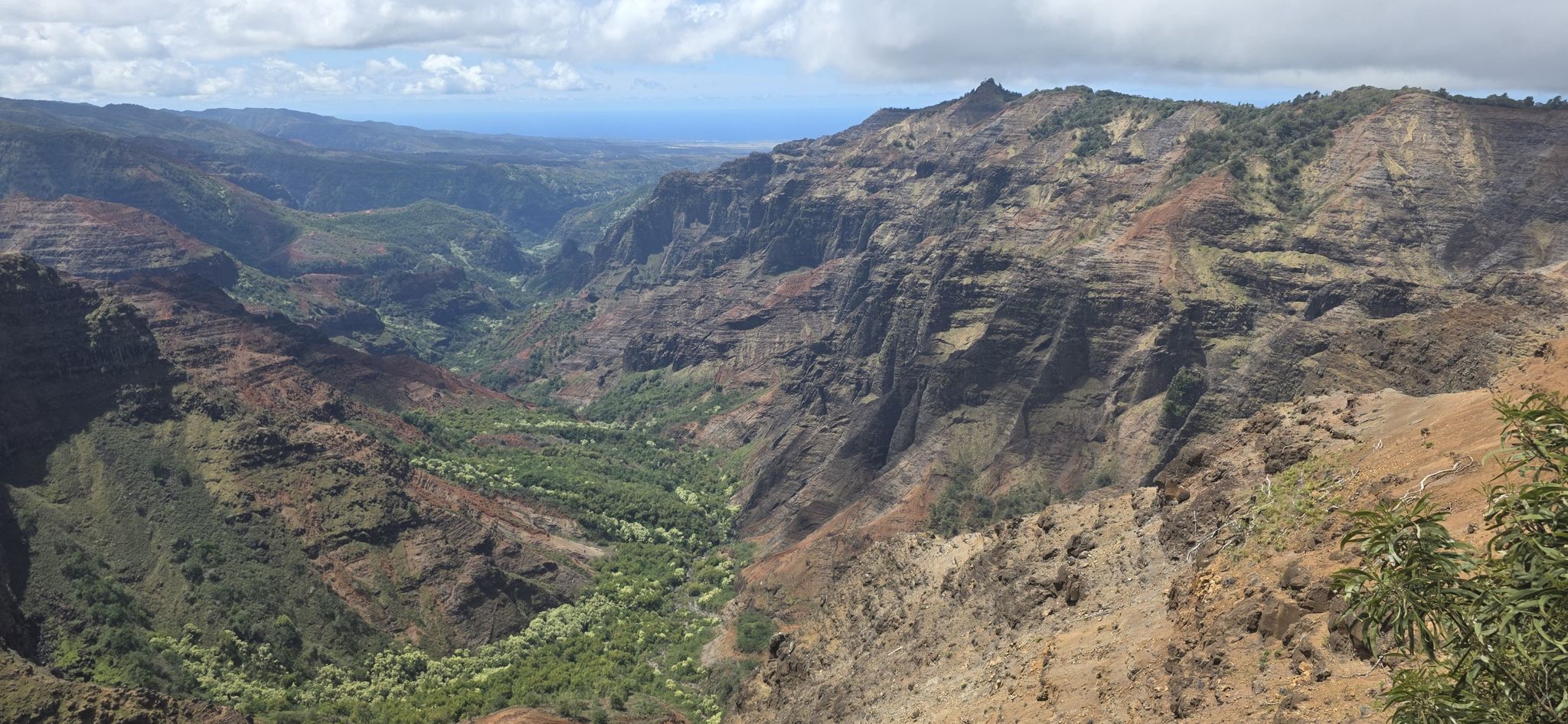 Wide canyon vista with rugged, green, and brown slopes under cloudy sky. - Halemanu and Pu'u Hinahina Trail Loop