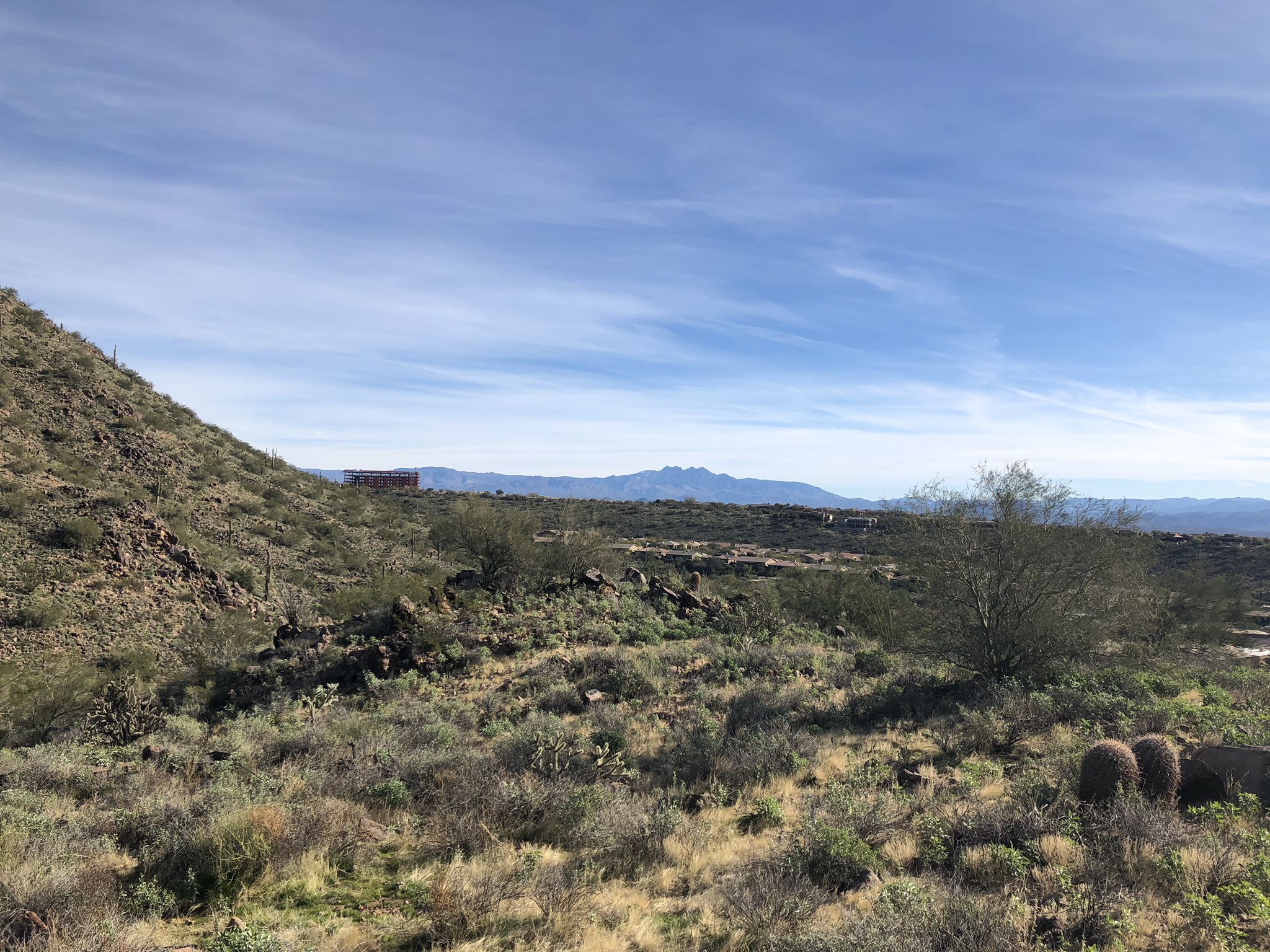Rocky desert hillside with sparse vegetation, leading to distant mountains under a blue sky. - Sunrise Trail
