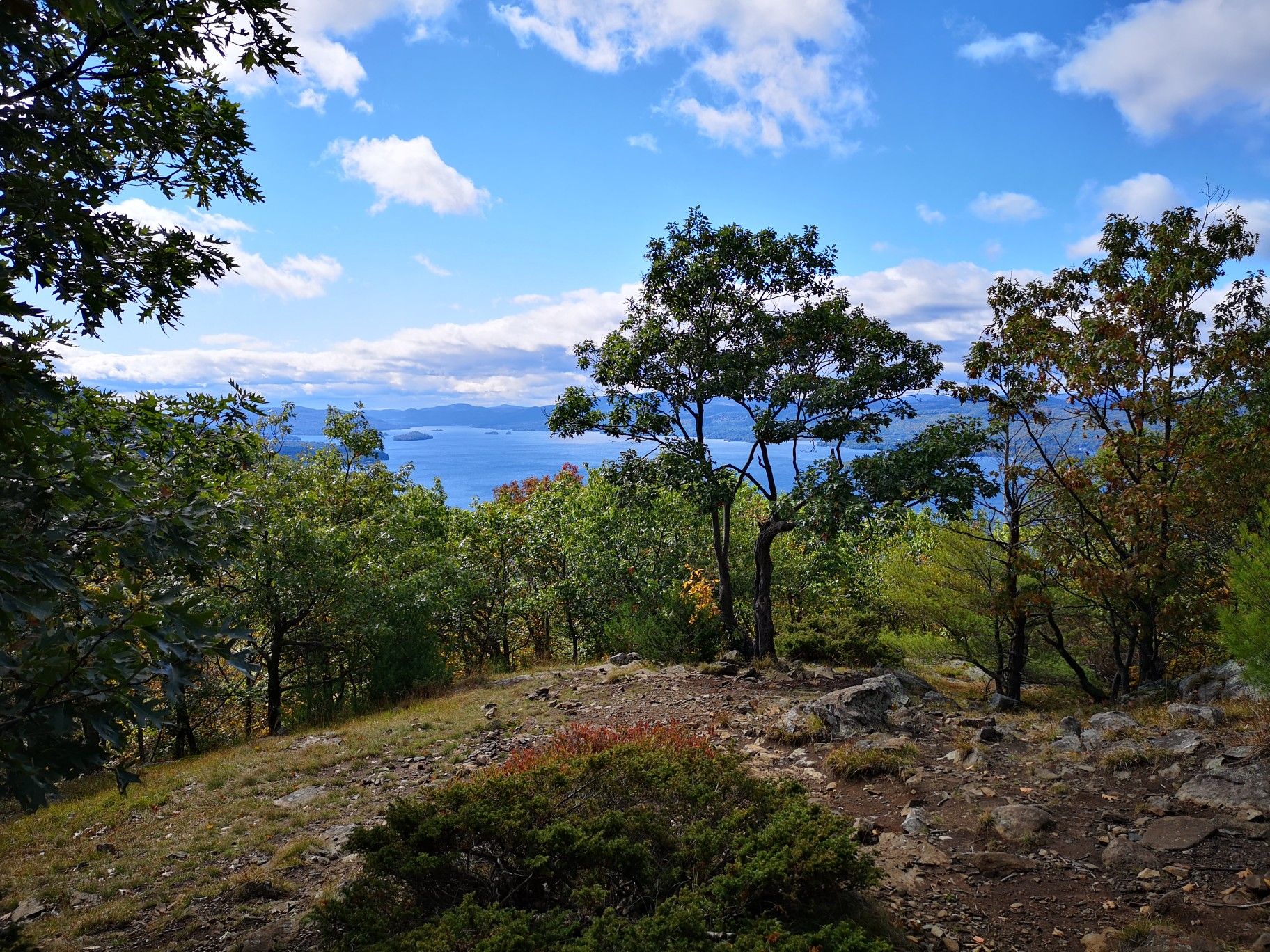 Forest overlook with a vast blue lake and distant mountains under a bright sky. - Shelving Rock Mountain Trail
