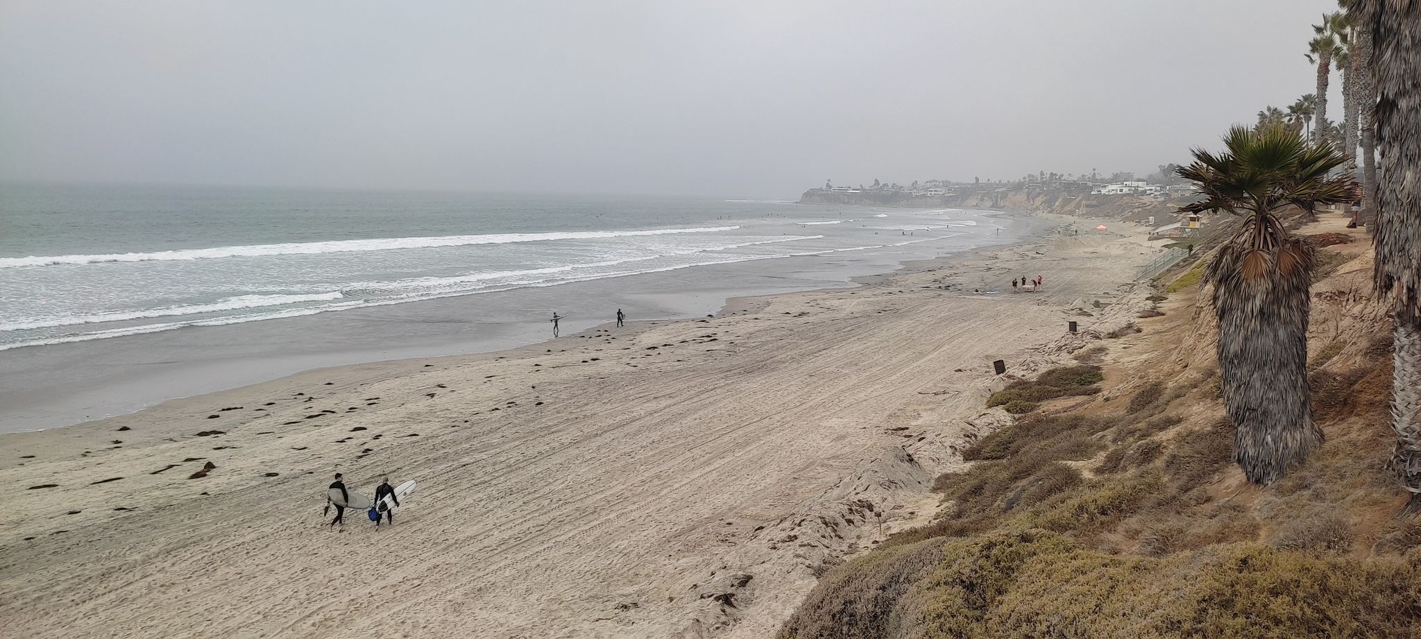 Overcast beach scene with waves, distant buildings, and people walking. - Ocean Front Walk