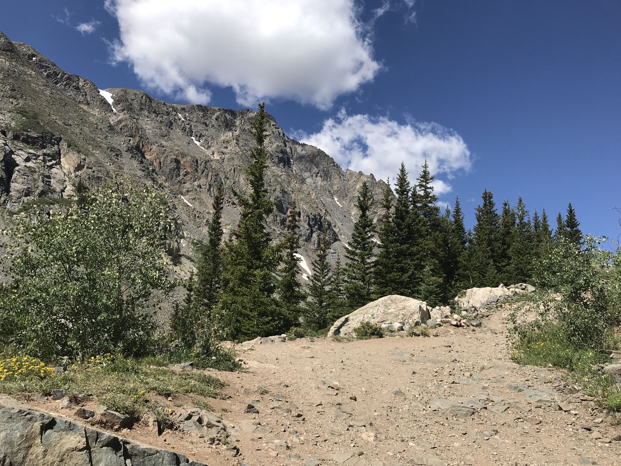 A dirt path leads towards a rocky mountain with pine trees under a sunny sky. - McCullough Gulch Trail