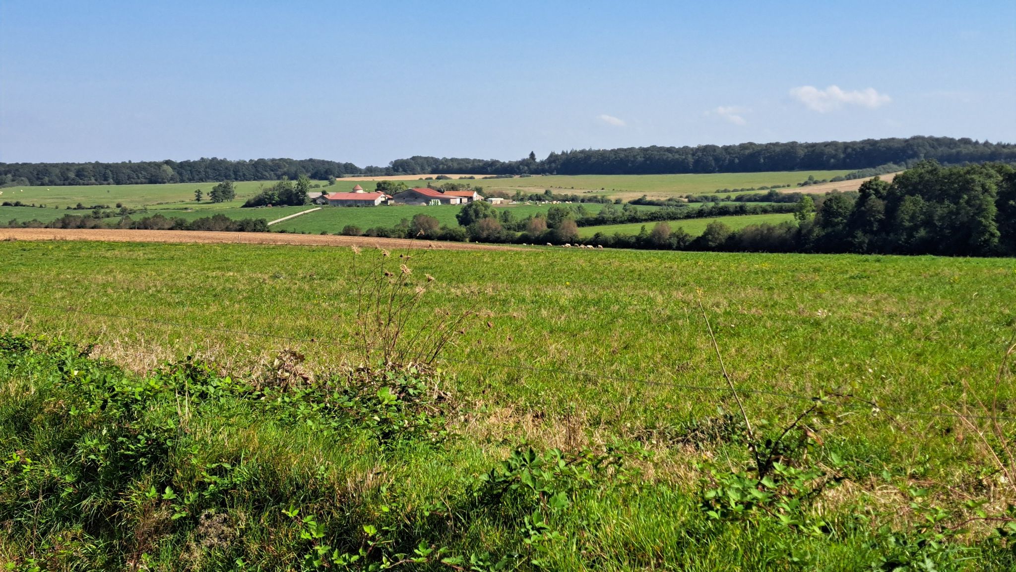Vue sur la ferme St Antoine. On aperçoit son pigeonnier du XVe siècle classé.