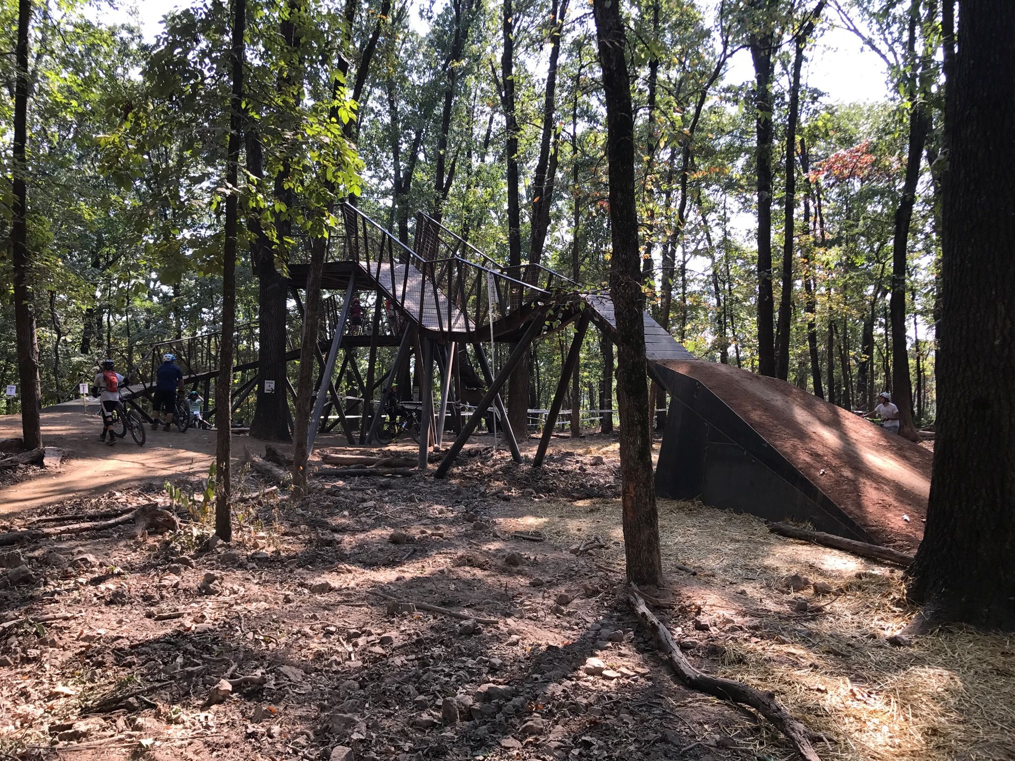 Wooden bike ramps and structures in a sunlit forest with cyclists. - Oscar's Loop