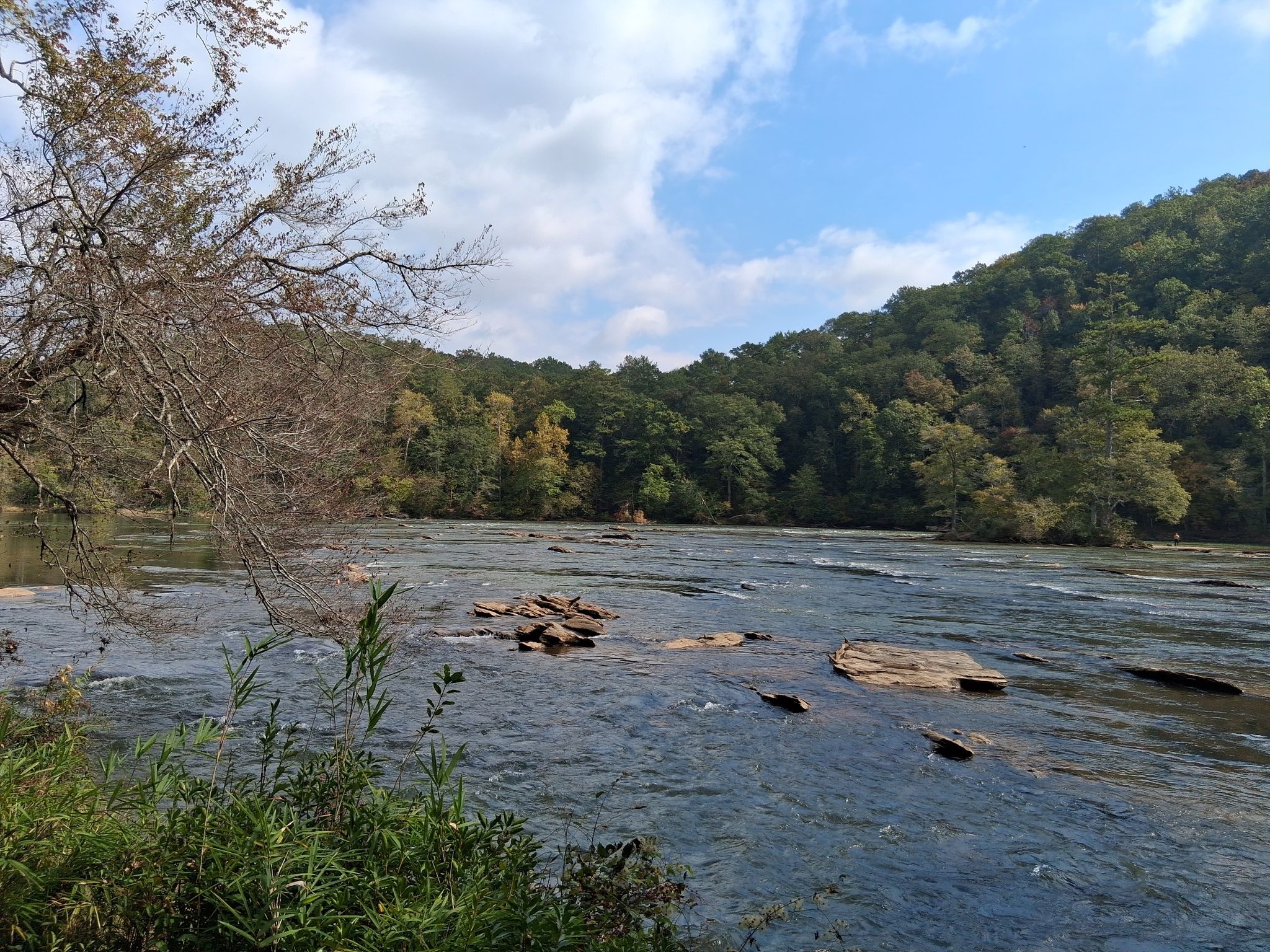 Wide river with exposed rocks, forested hills, and a partly cloudy sky. - West Palisades Trail