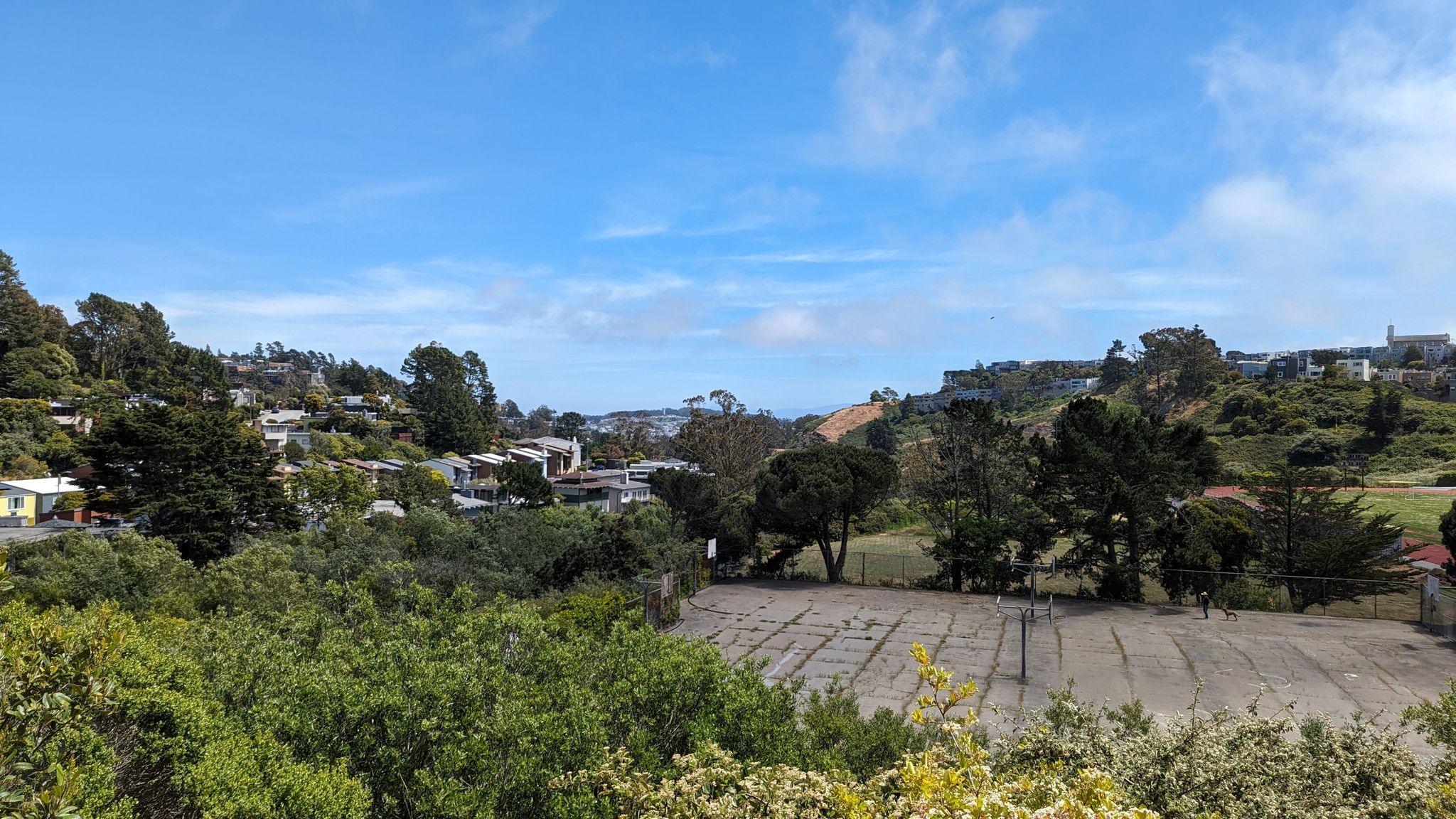 Hilly residential area with green trees and buildings under a partly cloudy sky. - San Francisco Crosstown Trail