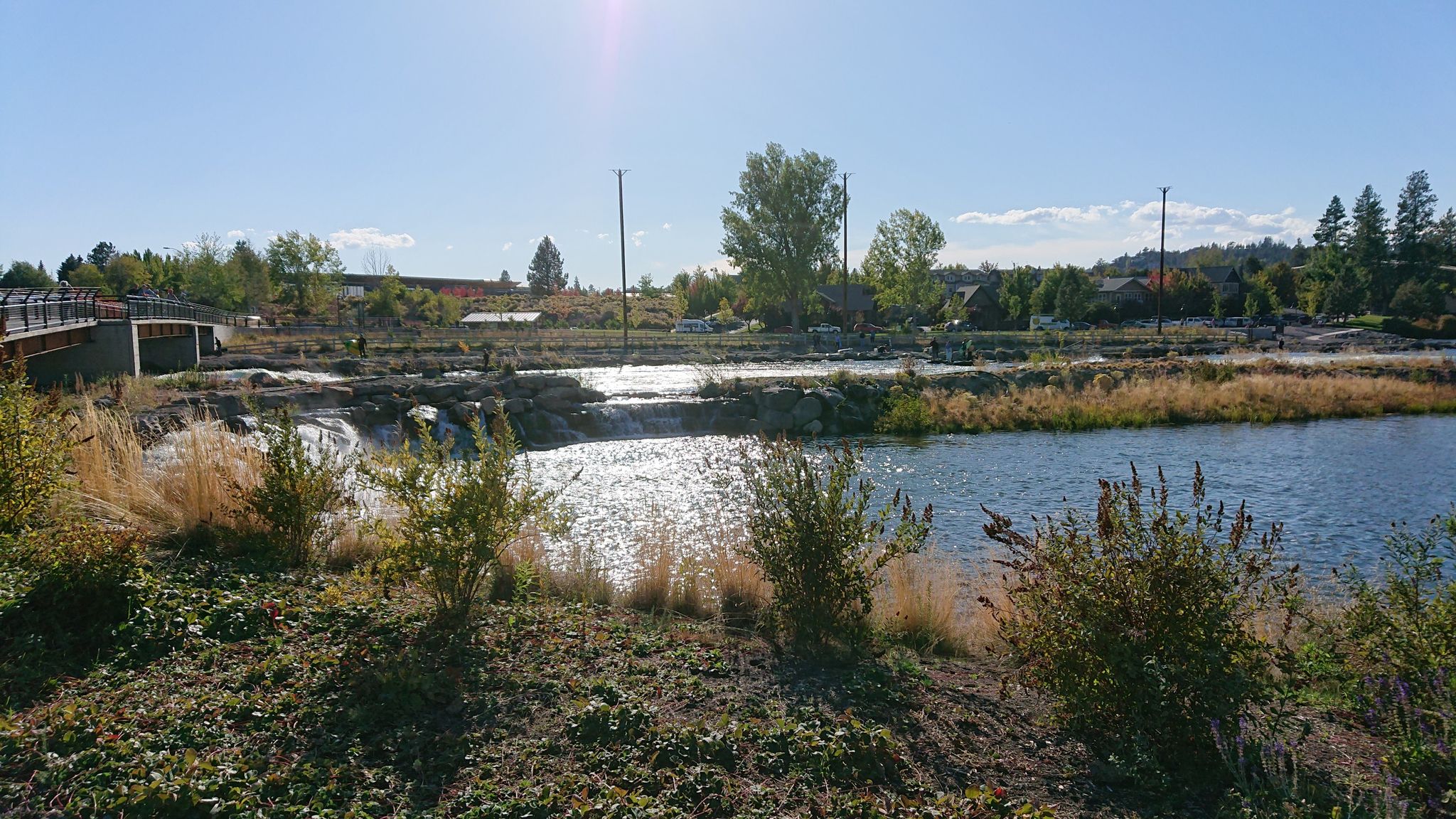 Sunny river with small waterfalls and grassy banks, distant bridge. - Bend 5k Run — Bend