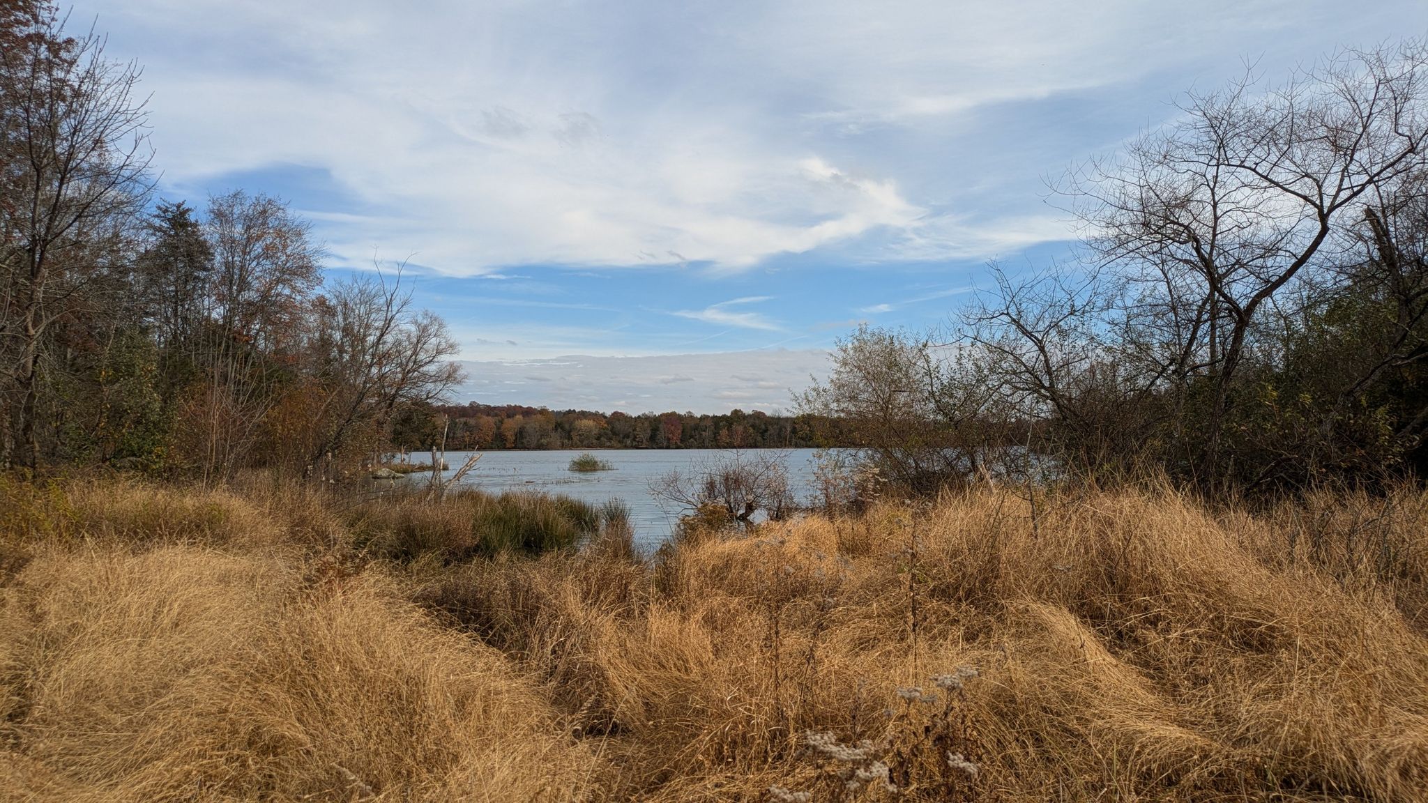 Panoramic view of a calm lake surrounded by autumn trees and dry grass. - Beaverdam Reservoir Trail