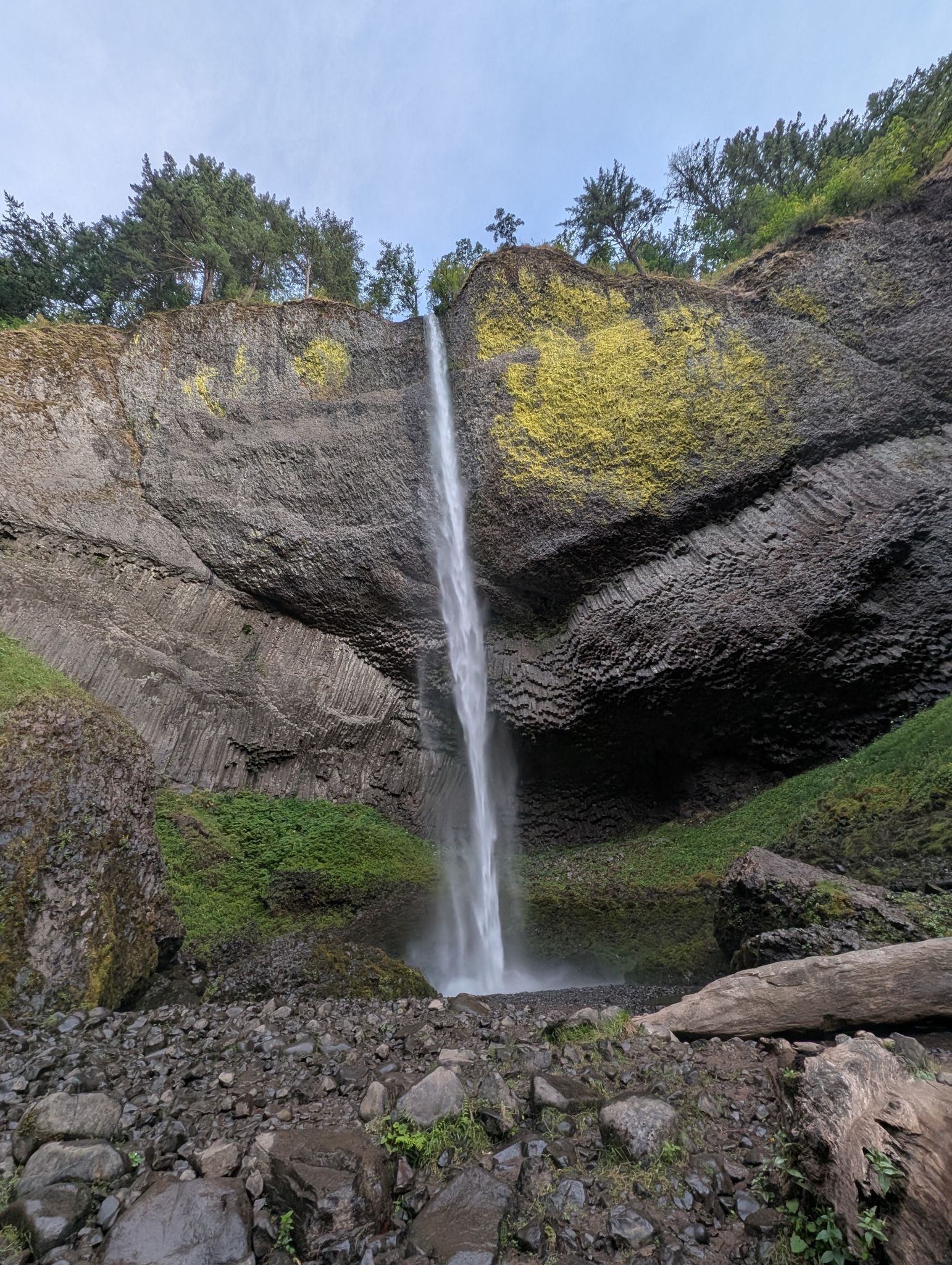 Waterfall plunges from a mossy cliff into a rocky pool. - Latourell Falls Loop Trail