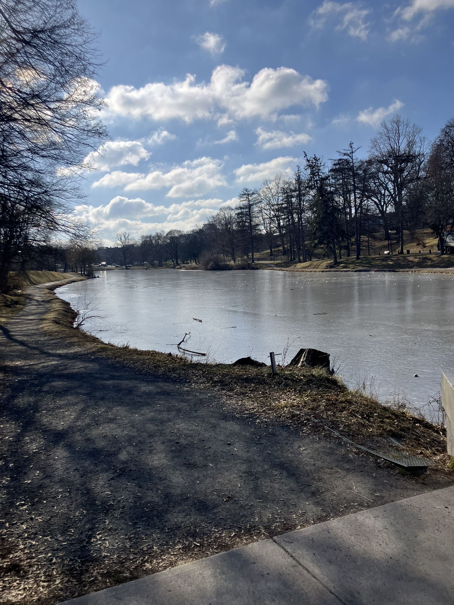 Sunny day over a partially frozen lake with a dirt path alongside. - Washington Park Loop Trail