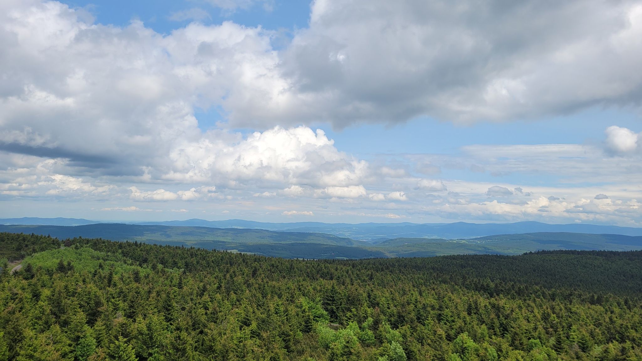 Panorama na czeską stronę, z wieży widokowej na górze Velká Deštná.