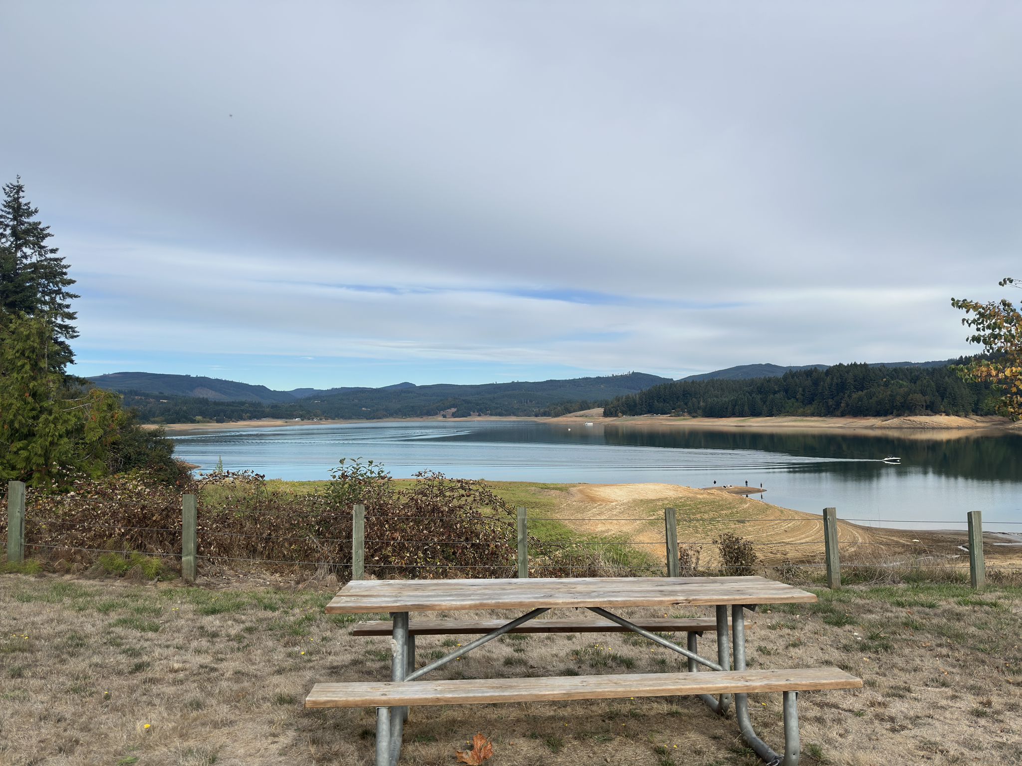 A picnic table overlooks a large lake surrounded by forested hills under a cloudy sky. - Roadbike loop from Forest Grove