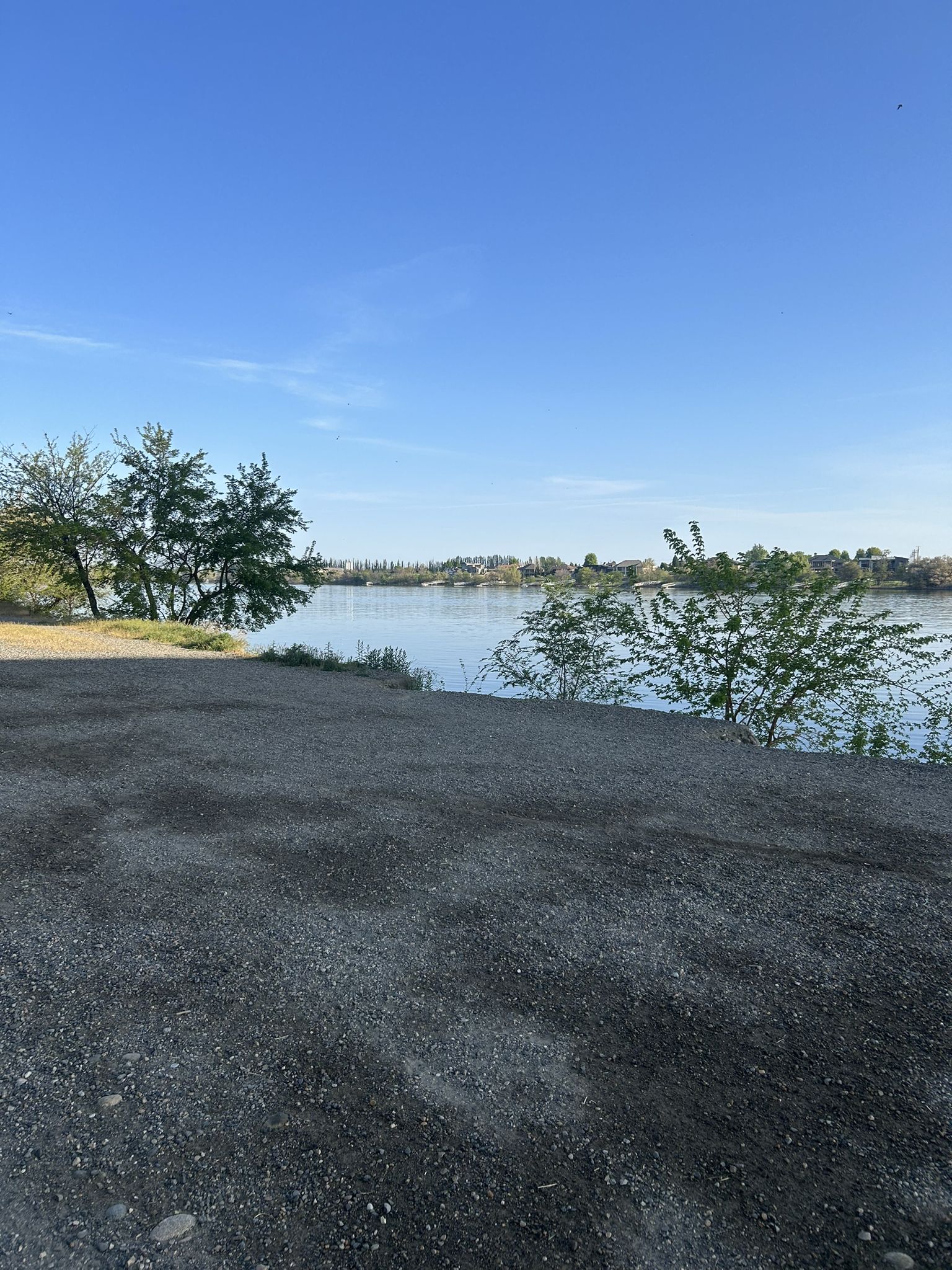 Calm water with green trees on the banks, seen from a gravel foreground. - Columbia Park Lakeside View – Sacagawea Heritage Trail loop from Richland
