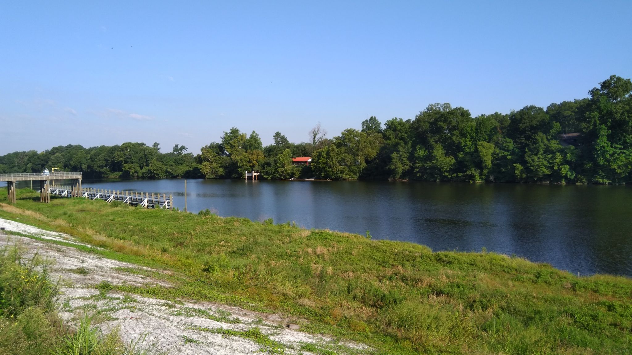 Wide river with green banks, docks, and dense trees under clear sky. - Sanders Ferry Ride