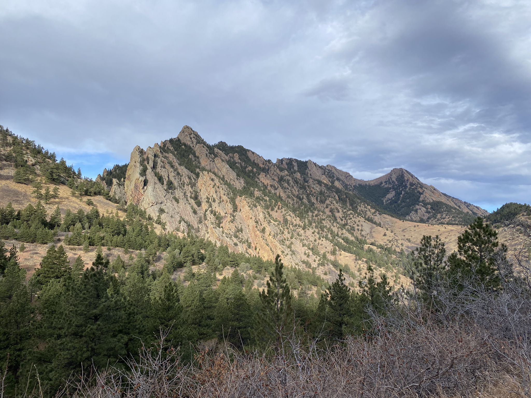 Rugged mountains with pine trees and dry brush under a cloudy sky. - Fowler, Goshawk Ridge, and Spring Brook North Loop