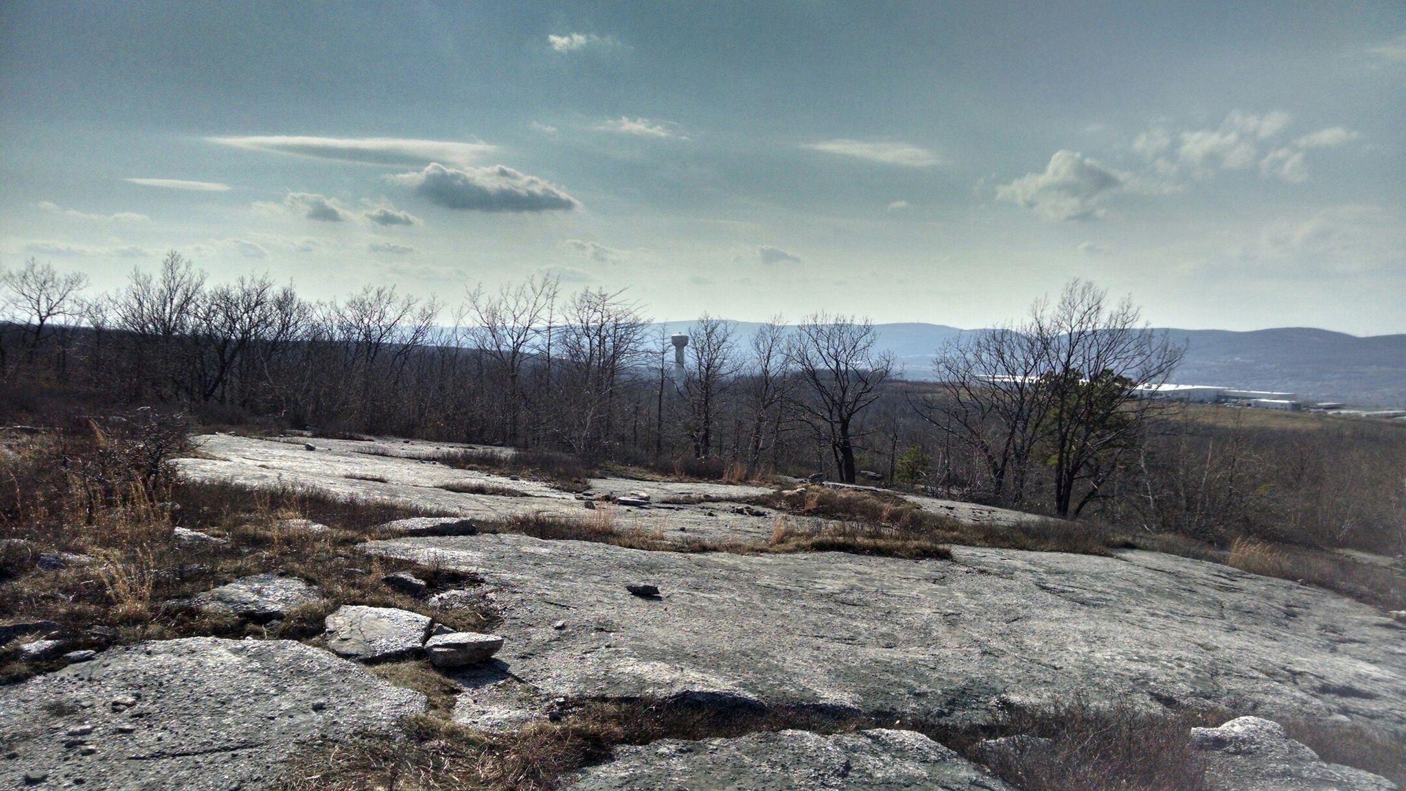 Rocky outcrop with bare trees overlooking distant mountains under a cloudy sky. - O'Conner Reservoir loop from Dick & Nancy Eales Preserve at Moosic Mountain