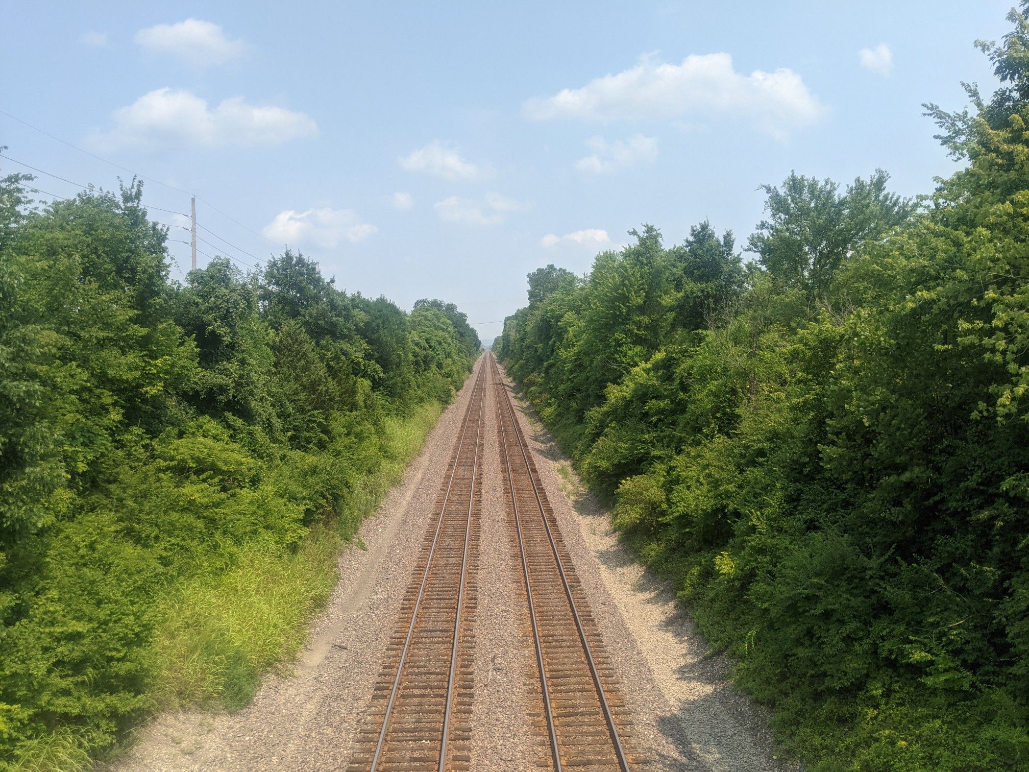 Straight railroad tracks extending into the distance, flanked by green trees. - Eureka to Missouri River loop