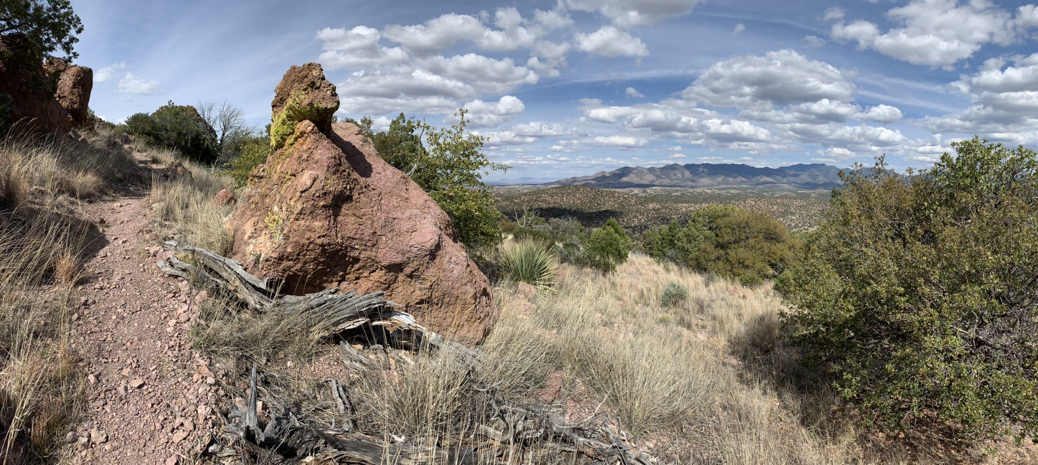 Dirt path winds past a large rock formation on a sunny, arid hillside. - Arizona Trail: Passage 2 - Canelo Hills East