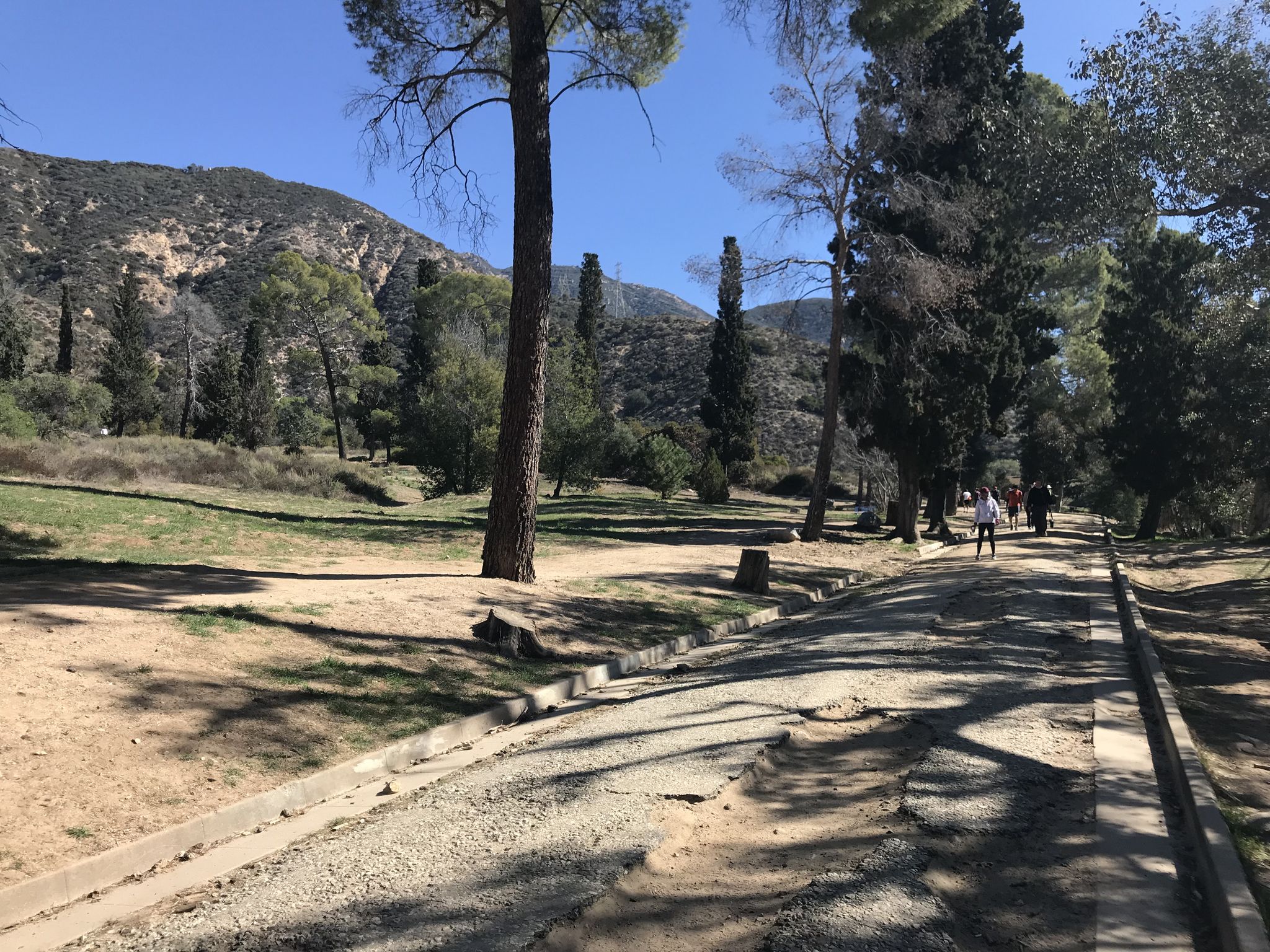 People walking on a wide dirt path through a grassy, treed area. - Inspiration Point loop from Altadena