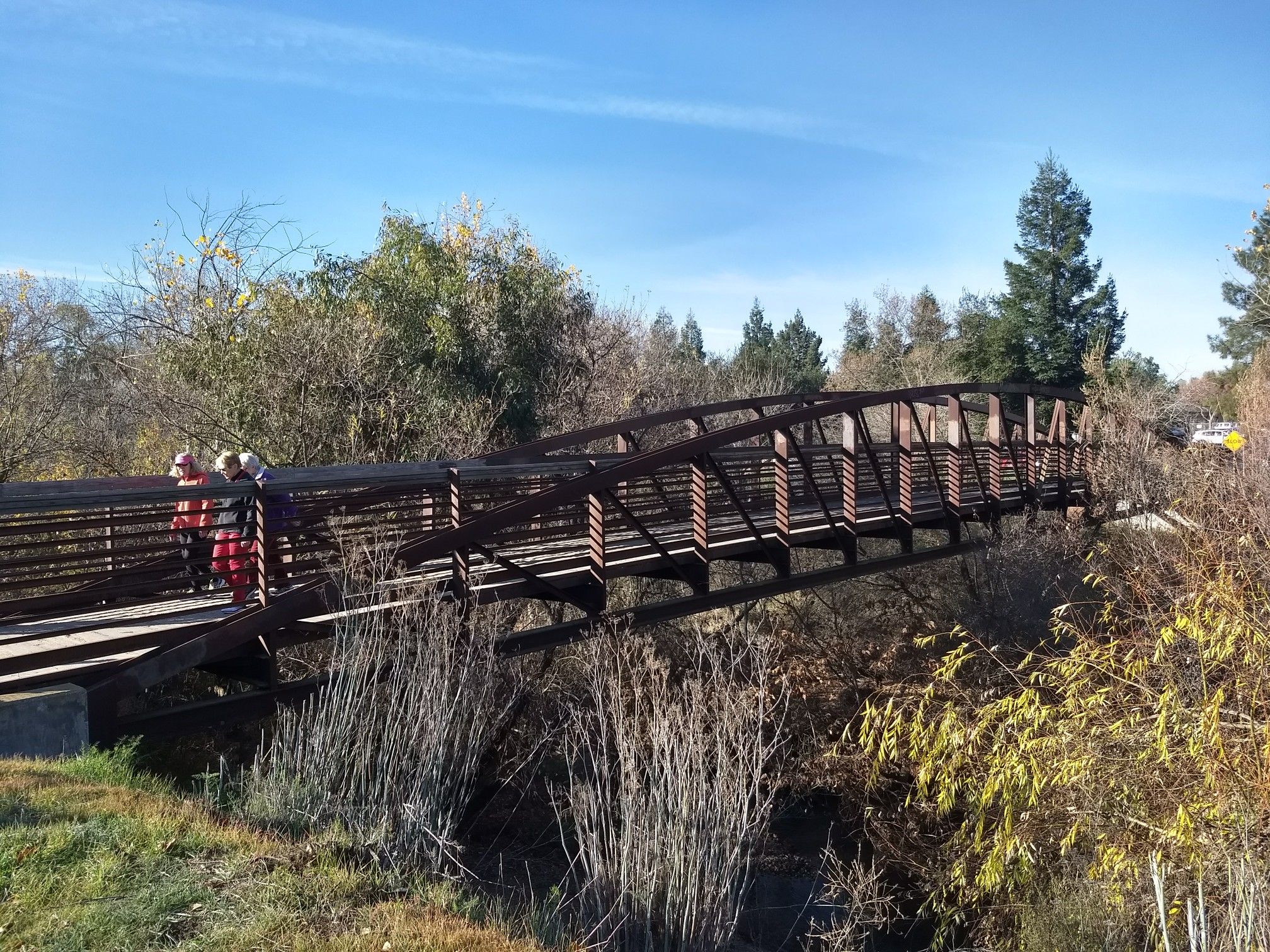 People walk across a long metal pedestrian bridge over a vegetated area. - Los Gatos Creek Trail bridge – Downtown Campbell loop from Campbell