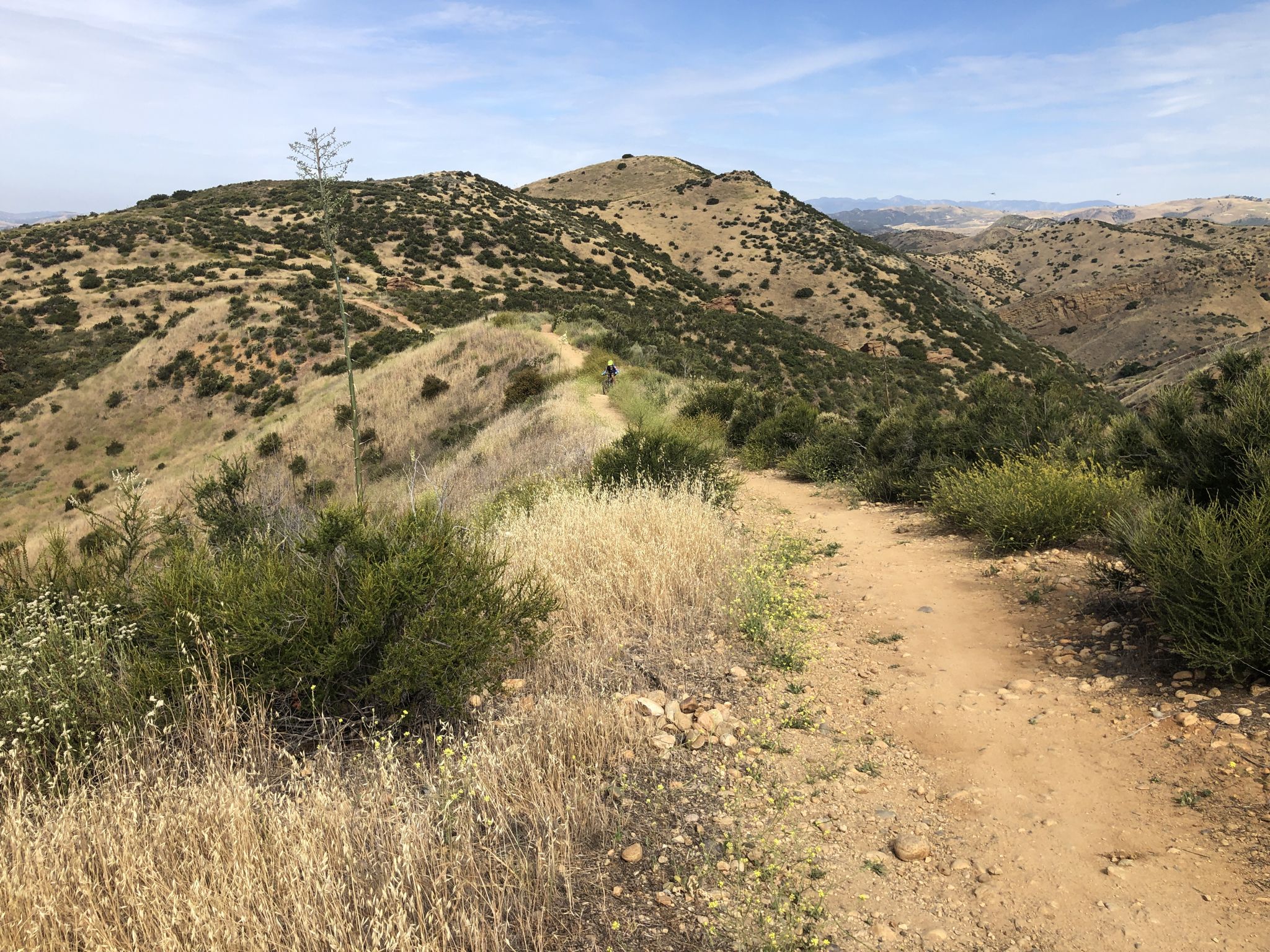 Dirt path winding through dry, brushy hills under a partly cloudy sky. - Chumash & Hummingbird & Rocky Peak – Advanced Loop