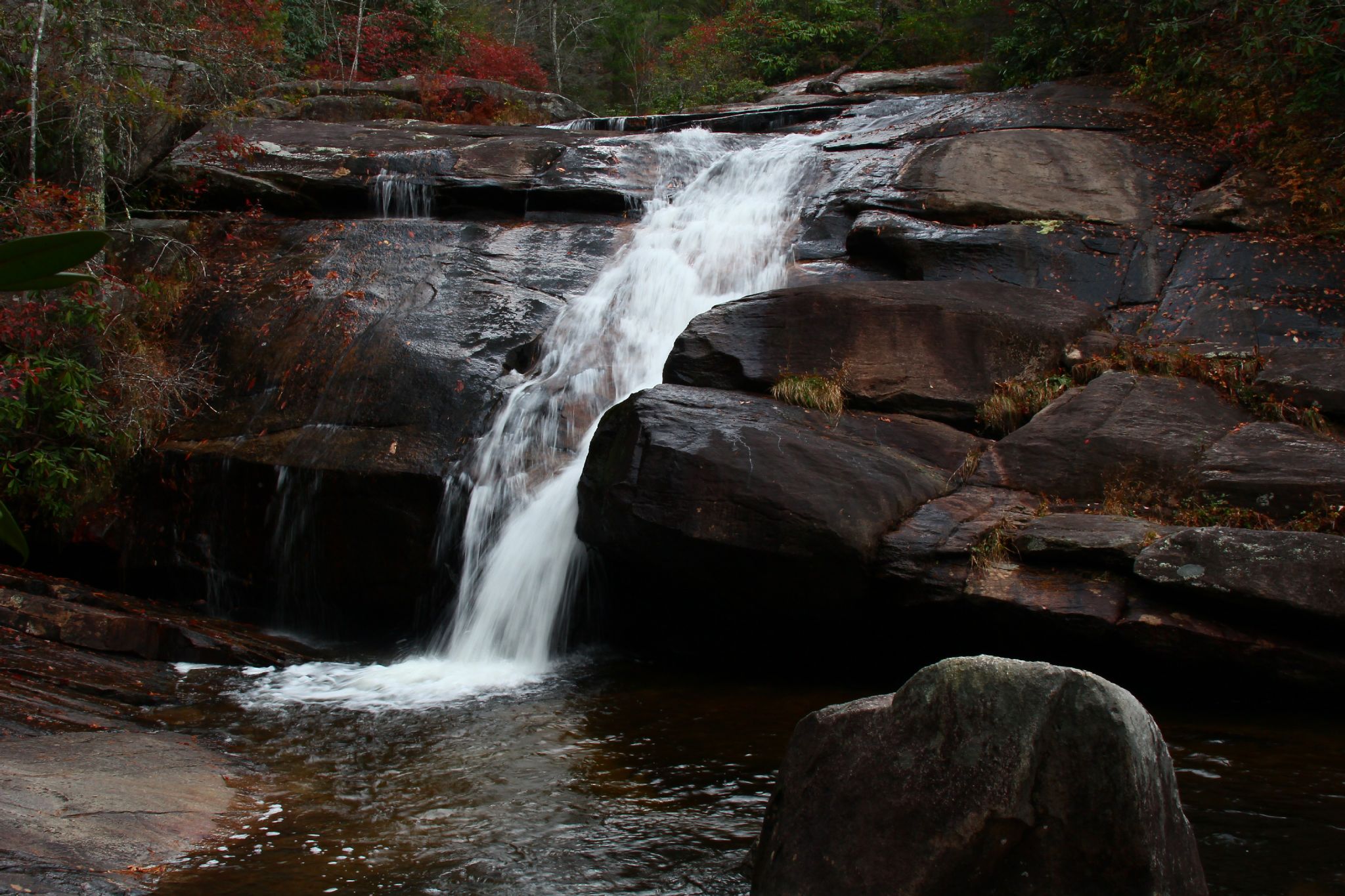 Waterfall plunging over dark rocks into a pool, surrounded by autumn-colored trees. - Wintergreen Falls Loop