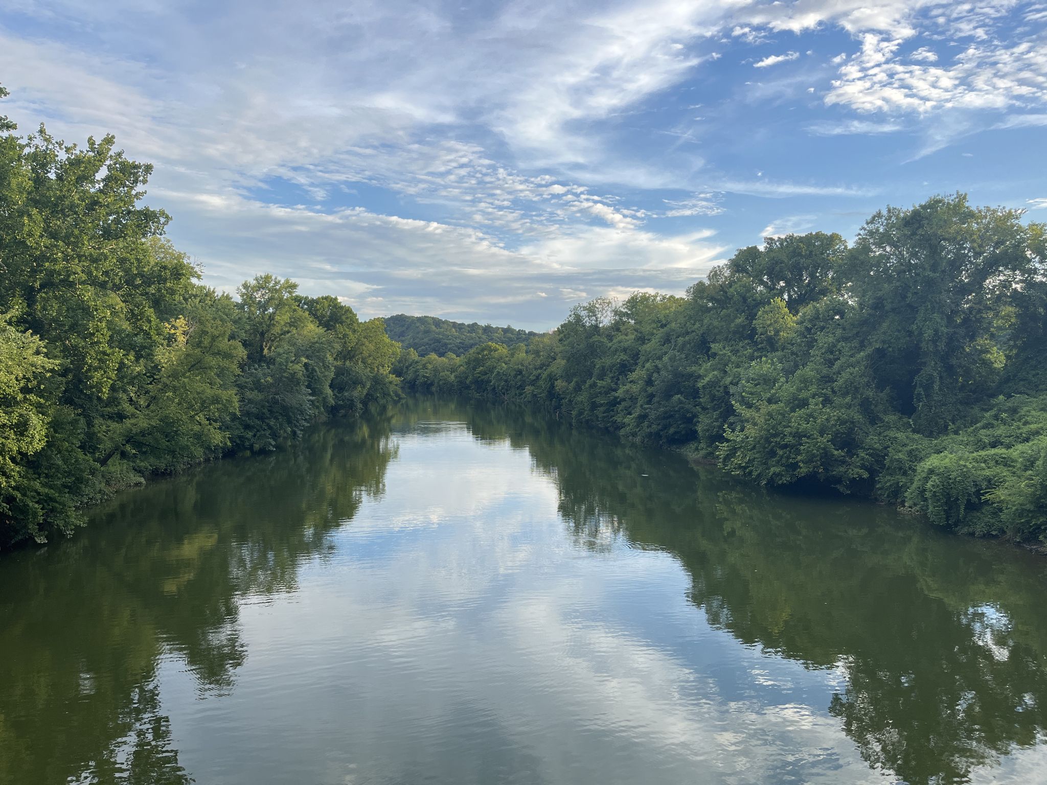 Calm river reflecting cloudy sky, flanked by dense green trees. - Stones River Greenway near I-40 – View of the Lake at Sweet Hill loop from J Percy Priest Dam