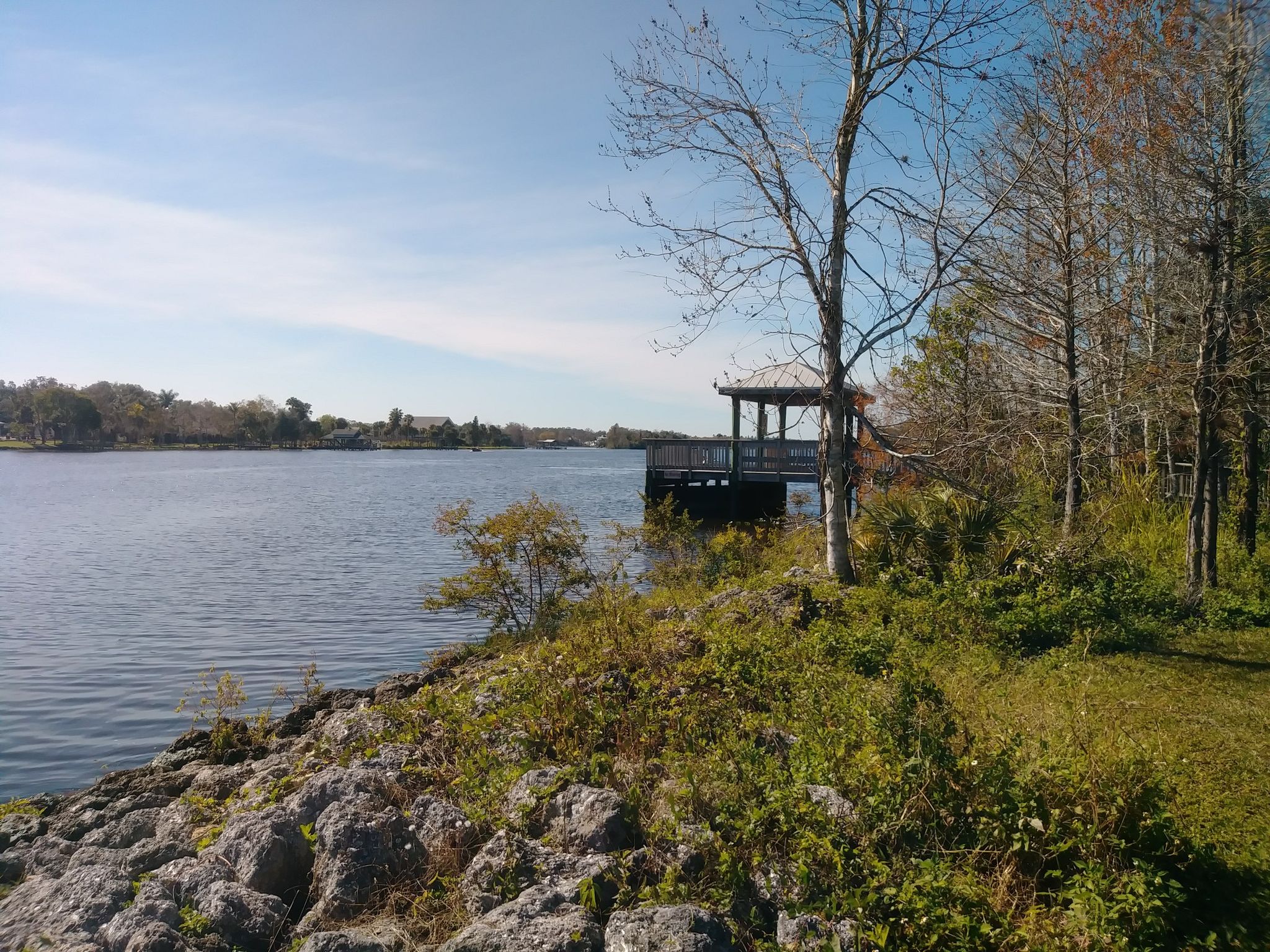 Wide river with a wooden dock, rocky bank, and bare trees under a bright sky. - Caloosahatchee Regional Park loop