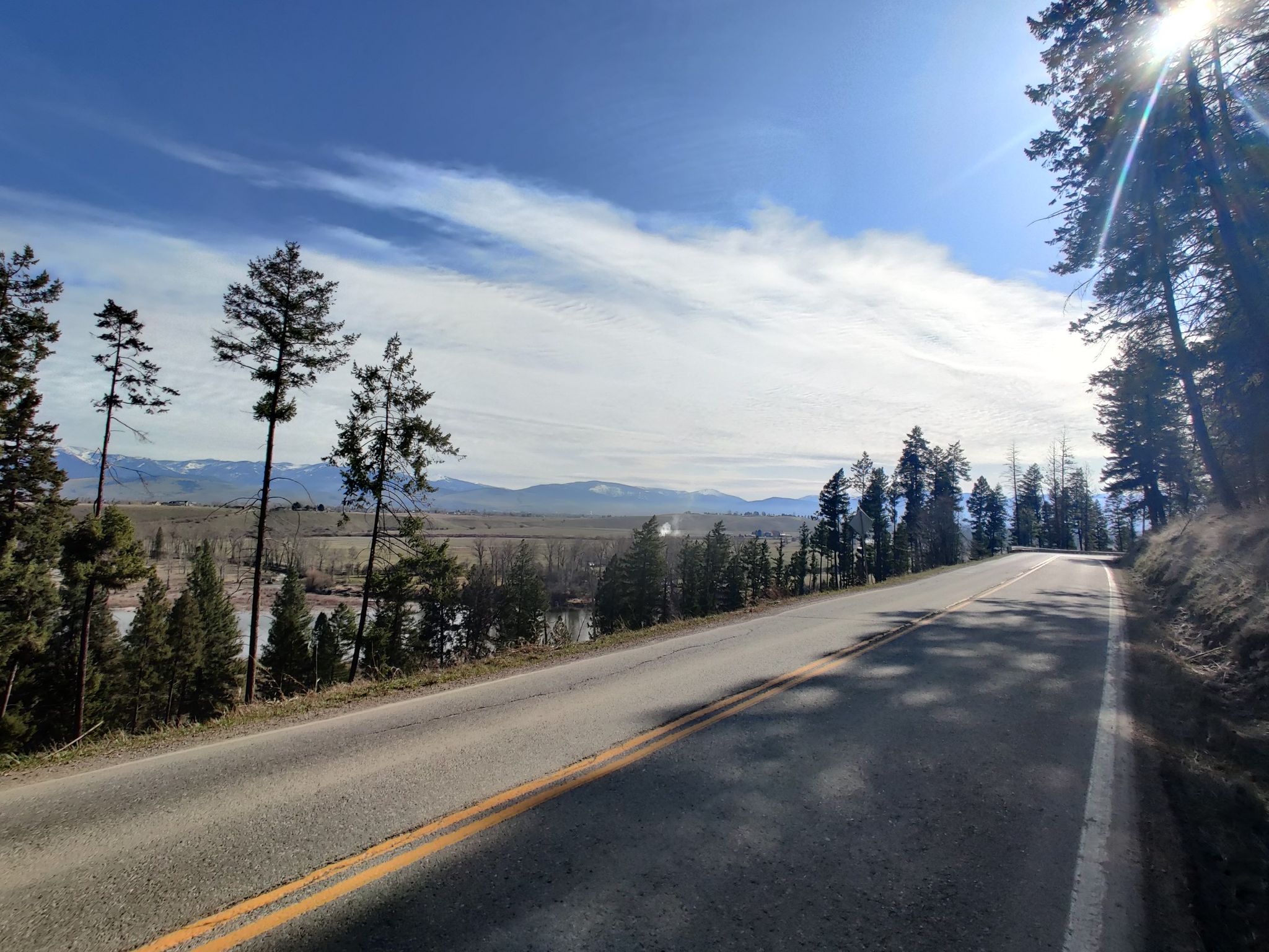 Sunny road curves through pine trees with distant mountains under a blue sky. - Missoula/Clark Fork River loop