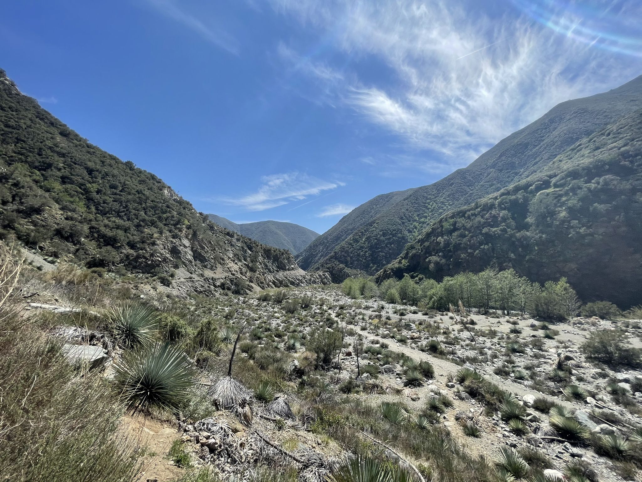 A wide, dry riverbed with sparse plants, surrounded by green mountains. - Bridge to Nowhere – Angeles National Forest