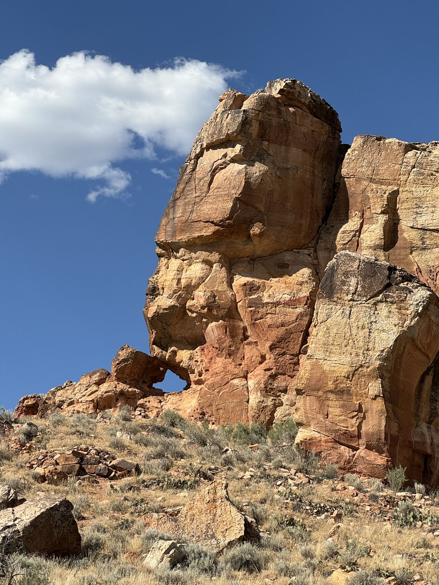 Massive red rock formation with a small natural arch under a bright blue sky. - Sand Canyon and East Rock Creek Loop