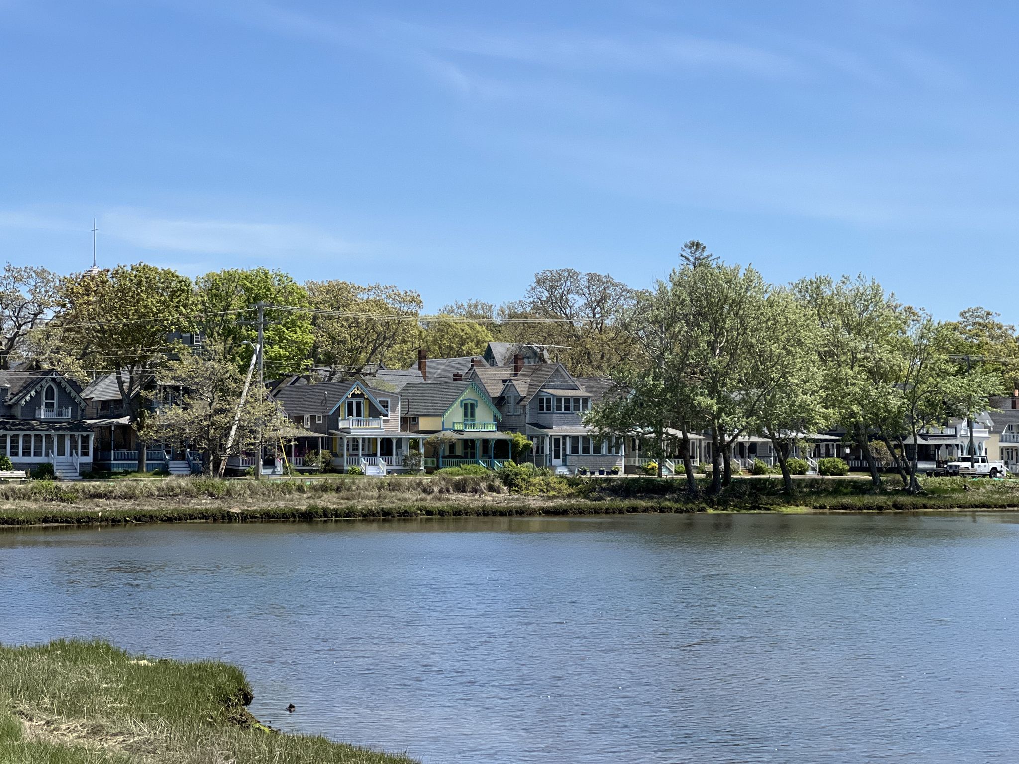 Row of houses along calm water, surrounded by lush green trees. - East Chop Lighthouse – Vineyard Haven Harbor loop from Oak Bluffs