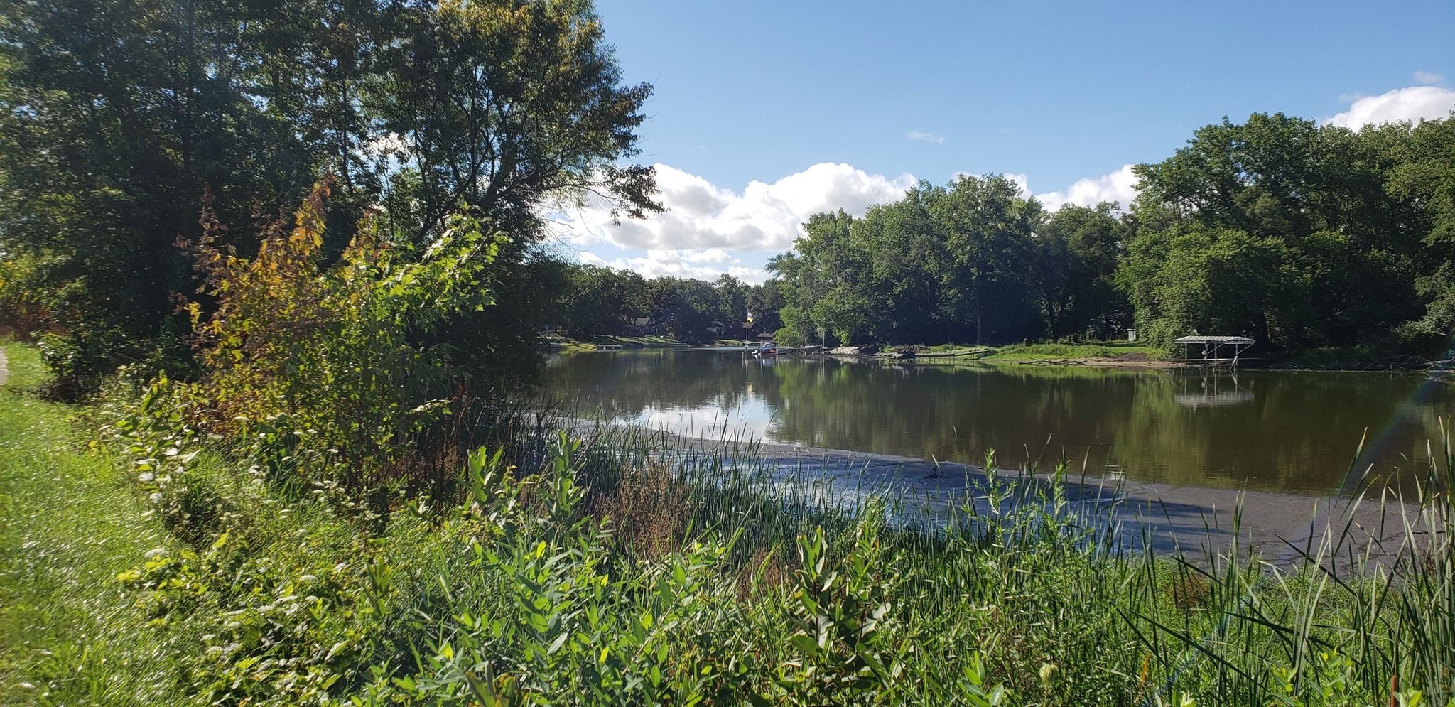 Sunny river scene with lush green trees and cloudy sky. - Fox River Trail Loop