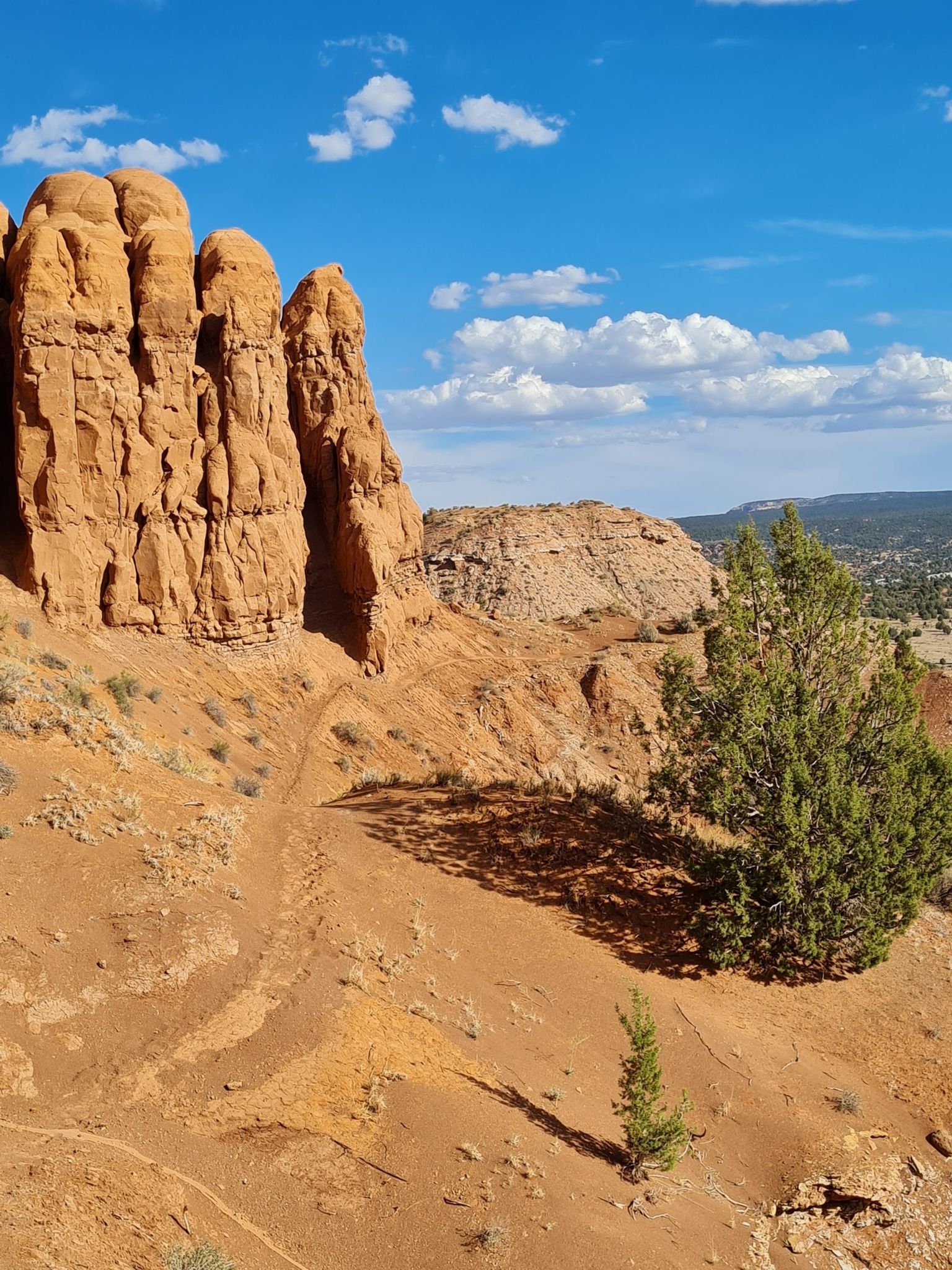 Red rock formations and a desert trail under a bright blue sky. - Shakespeare Arch – Sentinel Trail