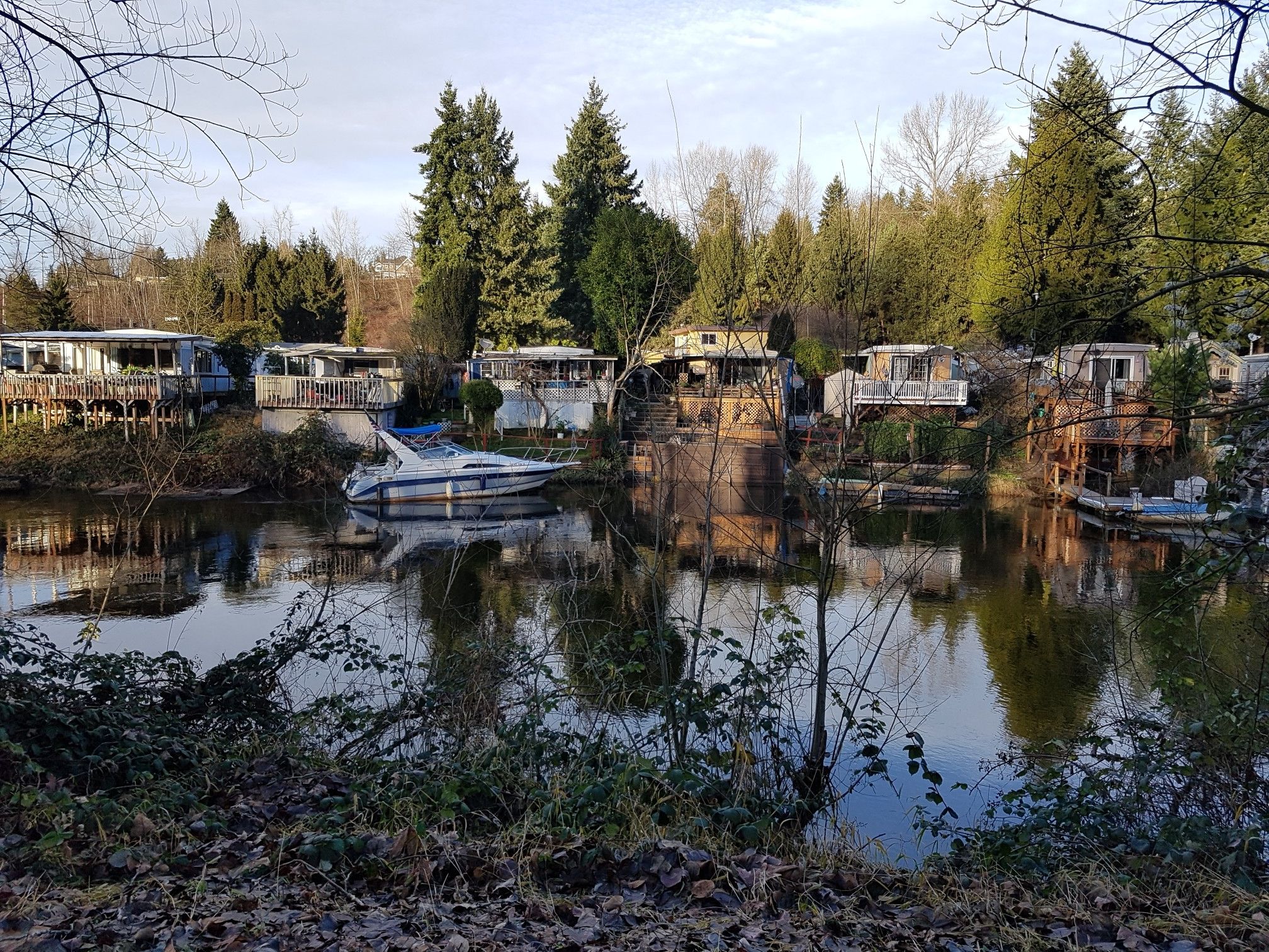 Overcast day, houses and a boat line a calm river surrounded by trees. - Bridge Over Sammamish River – View of Floodwater Reservoir loop from Cedar Park
