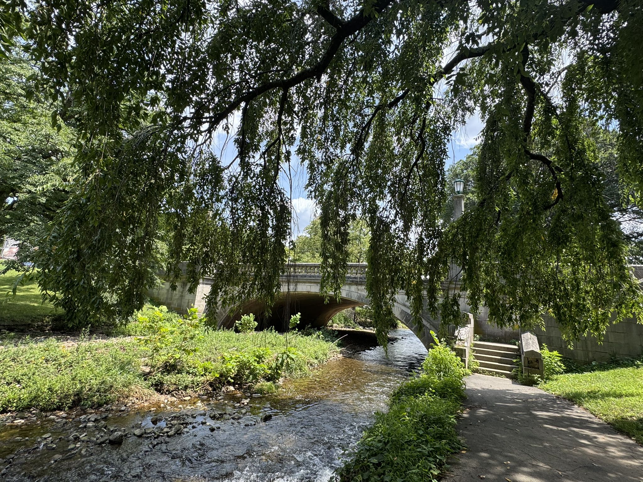 A stone bridge arches over a stream, framed by overhanging green leaves. - Schuylkill River Trail – Schuylkill River Trail loop from Reading