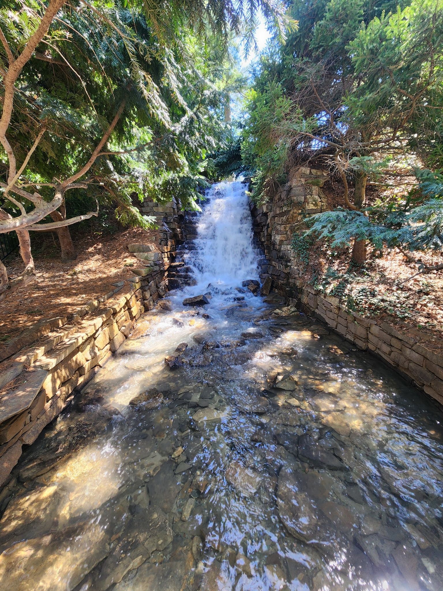 Sunny waterfall cascades into a rocky stream, framed by lush green trees. - Longwood Gardens