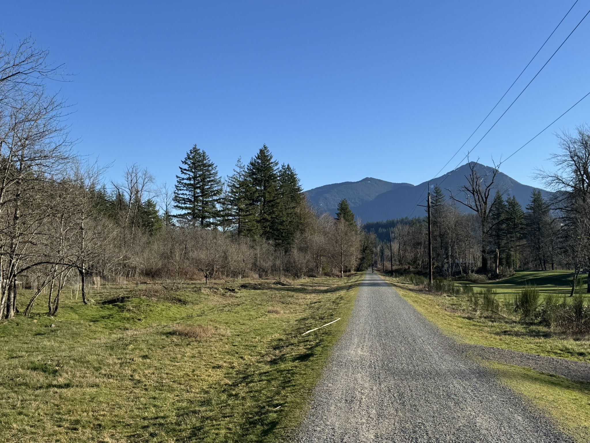 Gravel path through grassy fields towards distant mountains on a sunny day. - Snoqualmie Valley Trail and Tanner Landing Park Loop
