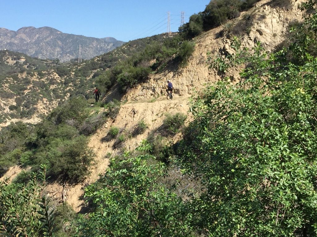 Two hikers on a narrow, sunny mountain trail with dry brush. - Catalina Verdugo Trail