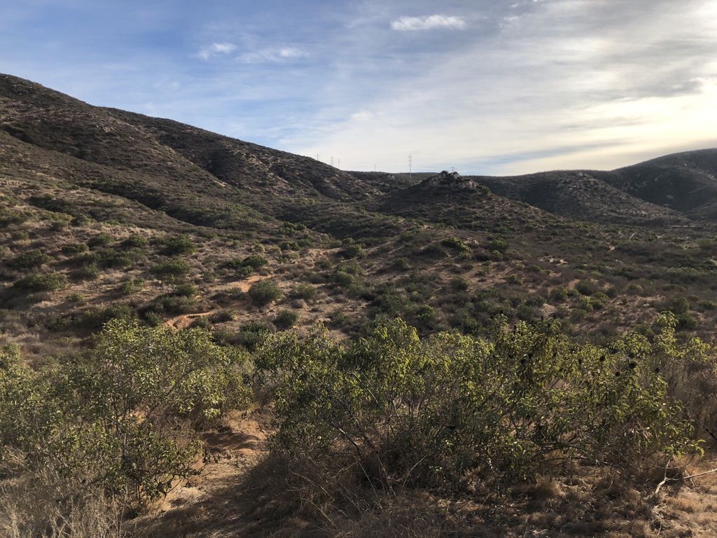 Rolling hills covered in dry brush under a partly cloudy sky. - Rim Trail loop from West Fortuna Staging Area