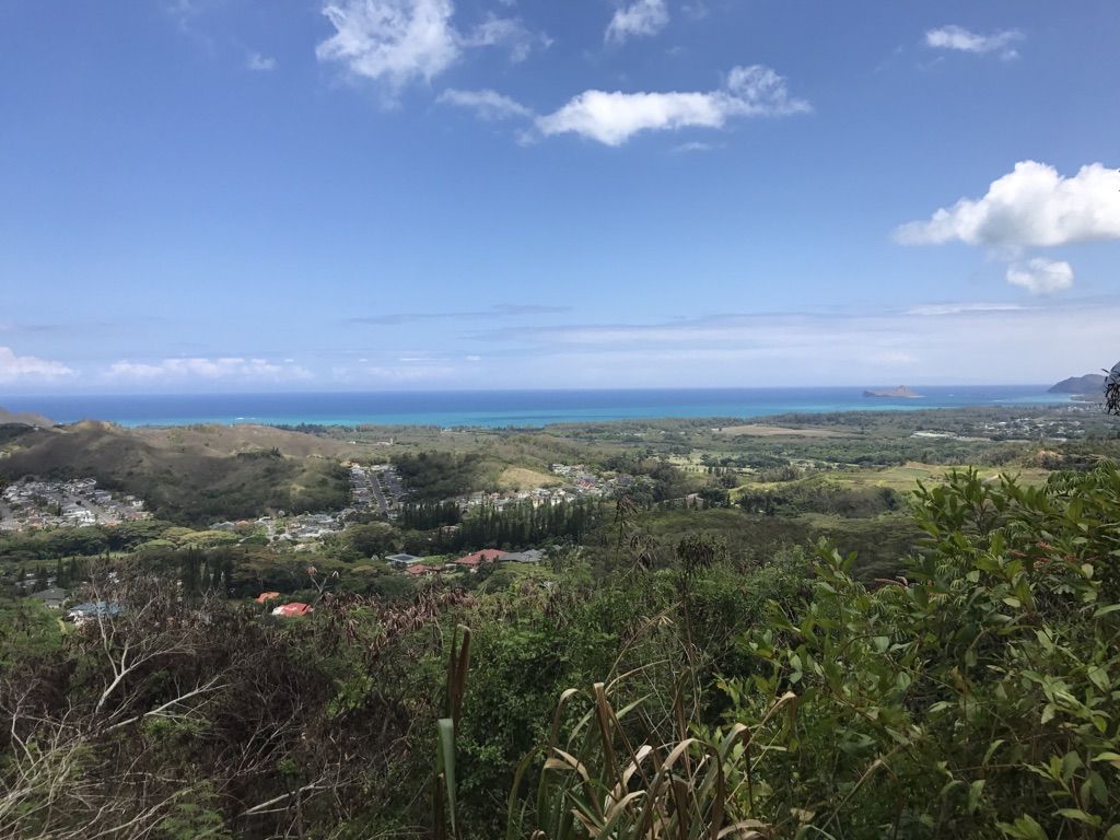 Bright panoramic view of blue ocean, green hills, and a distant town. - Ohana Trail
