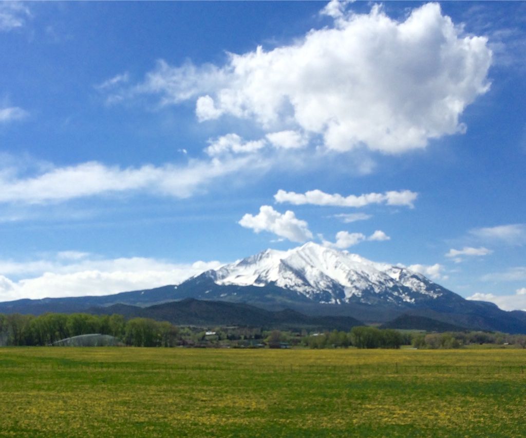 A majestic snow-capped mountain rises above a vibrant green field under a blue sky. - Carbondale – Rio Grande Trail loop from Snowmass