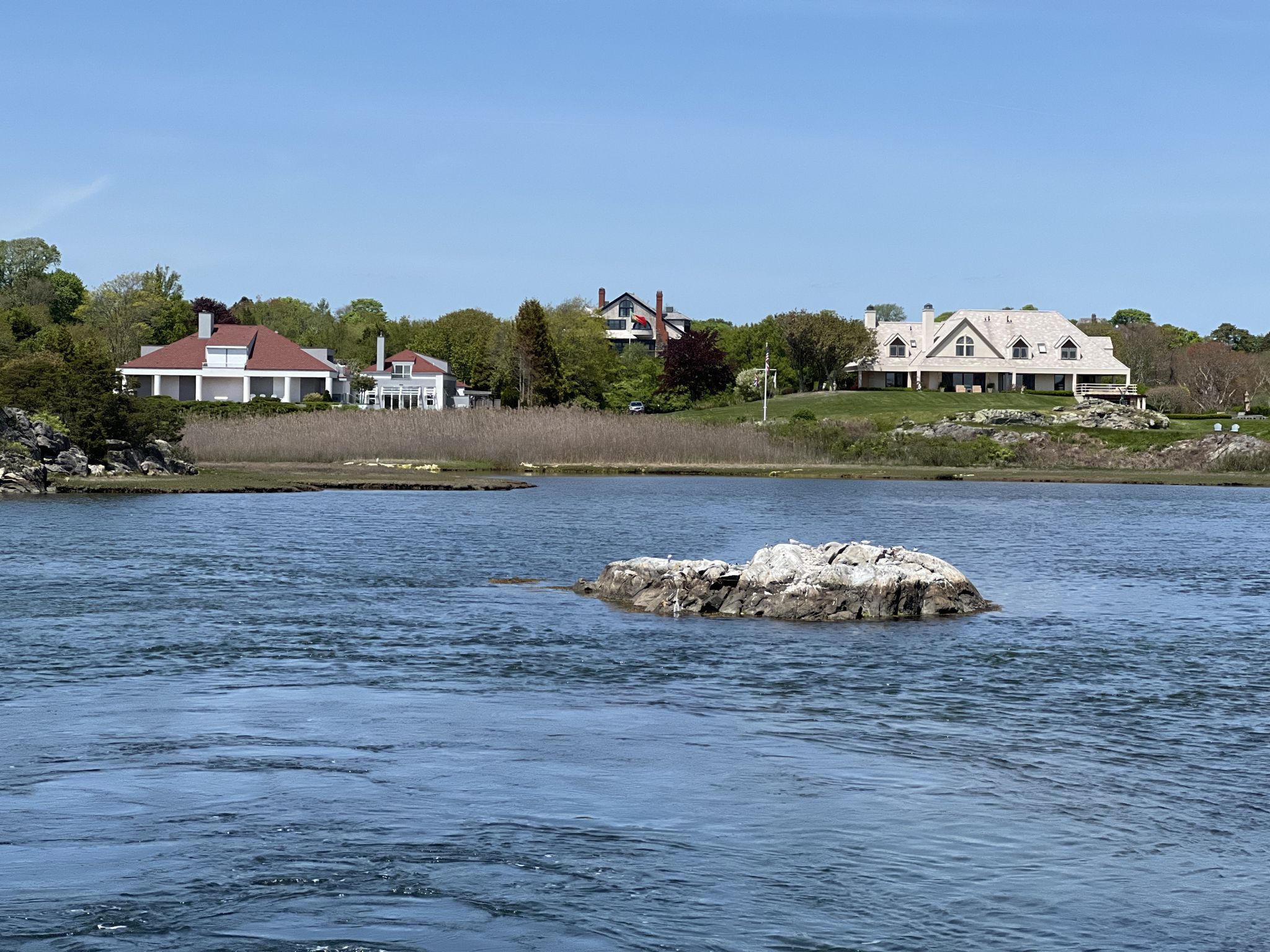 Calm water with a small rock and large houses on a green hillside. - Land's End – Lands End Mansion loop from Newport