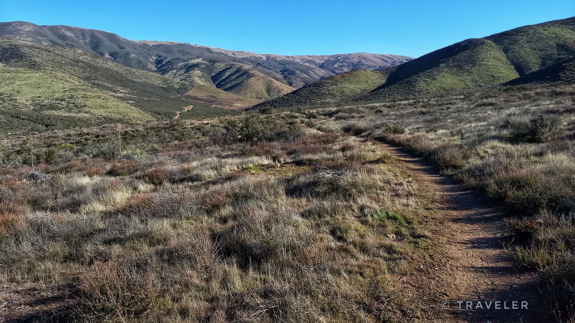 A dirt trail winds through dry, grassy hills under a clear blue sky. - Pacific Crest National Scenic Trail