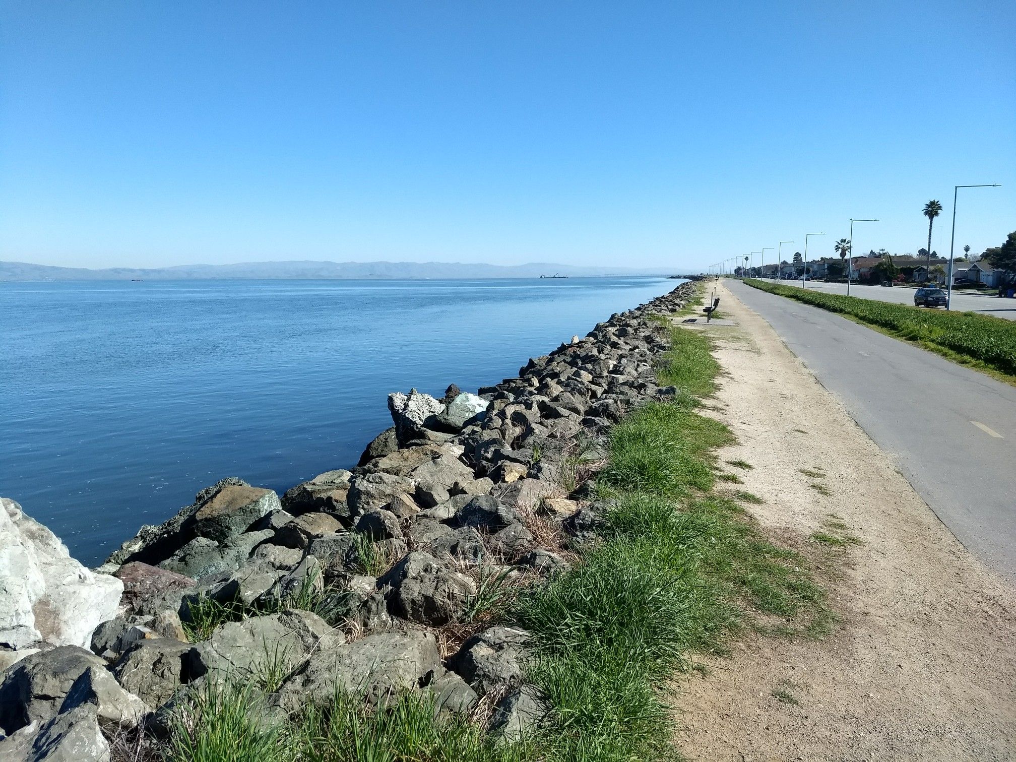 Rocky shoreline next to a paved road and calm water under a clear sky. - Foster City Levee Trail