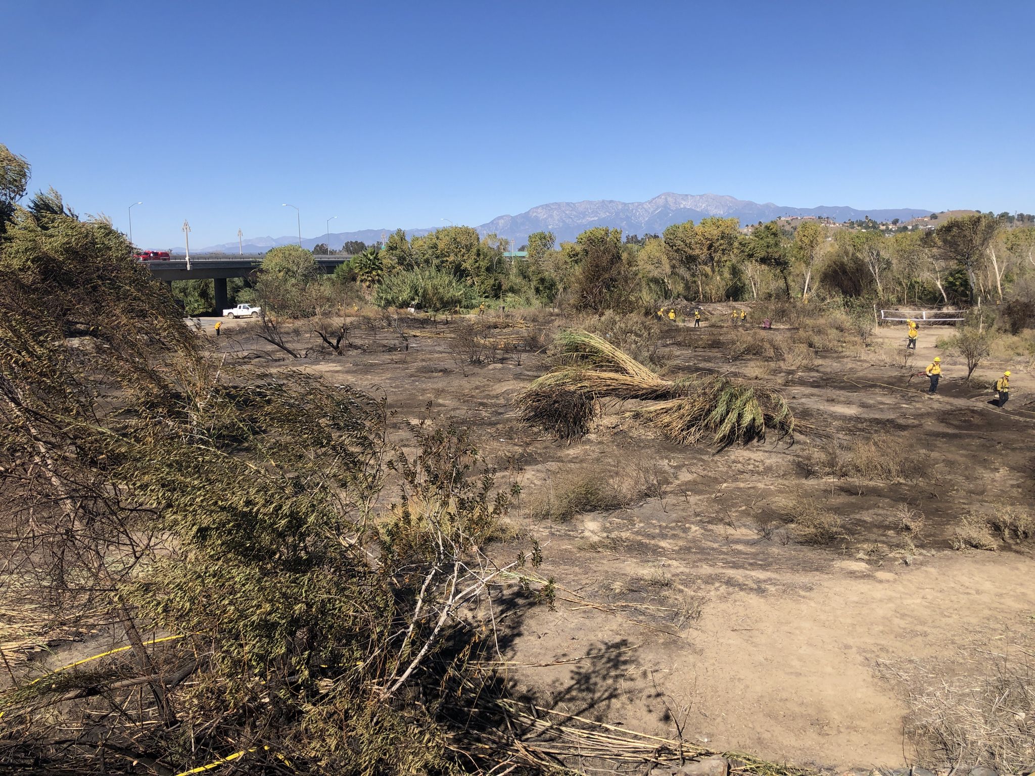 Burnt landscape with scattered trees, distant mountains, and people working under a clear sky. - Santa Ana River Trail