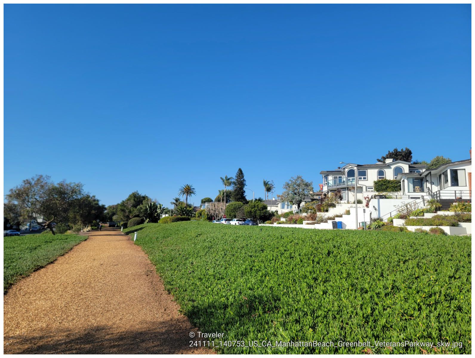 Dirt path next to wide green lawn, houses and trees under clear blue sky. - Valley Drive Footpath loop from Douglas